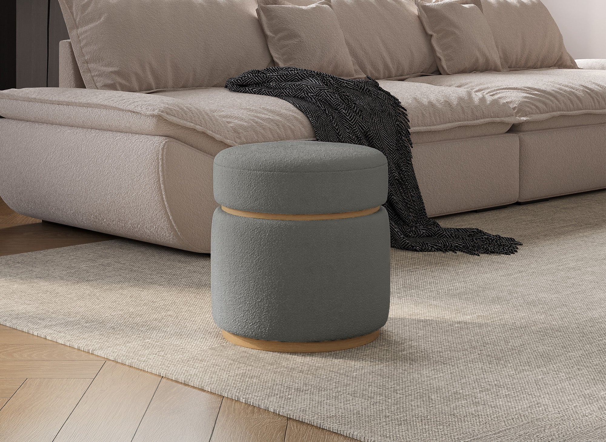 DIVA Designer-Pouf aus grauem Stoff in Schaffelloptik und hellem Holz