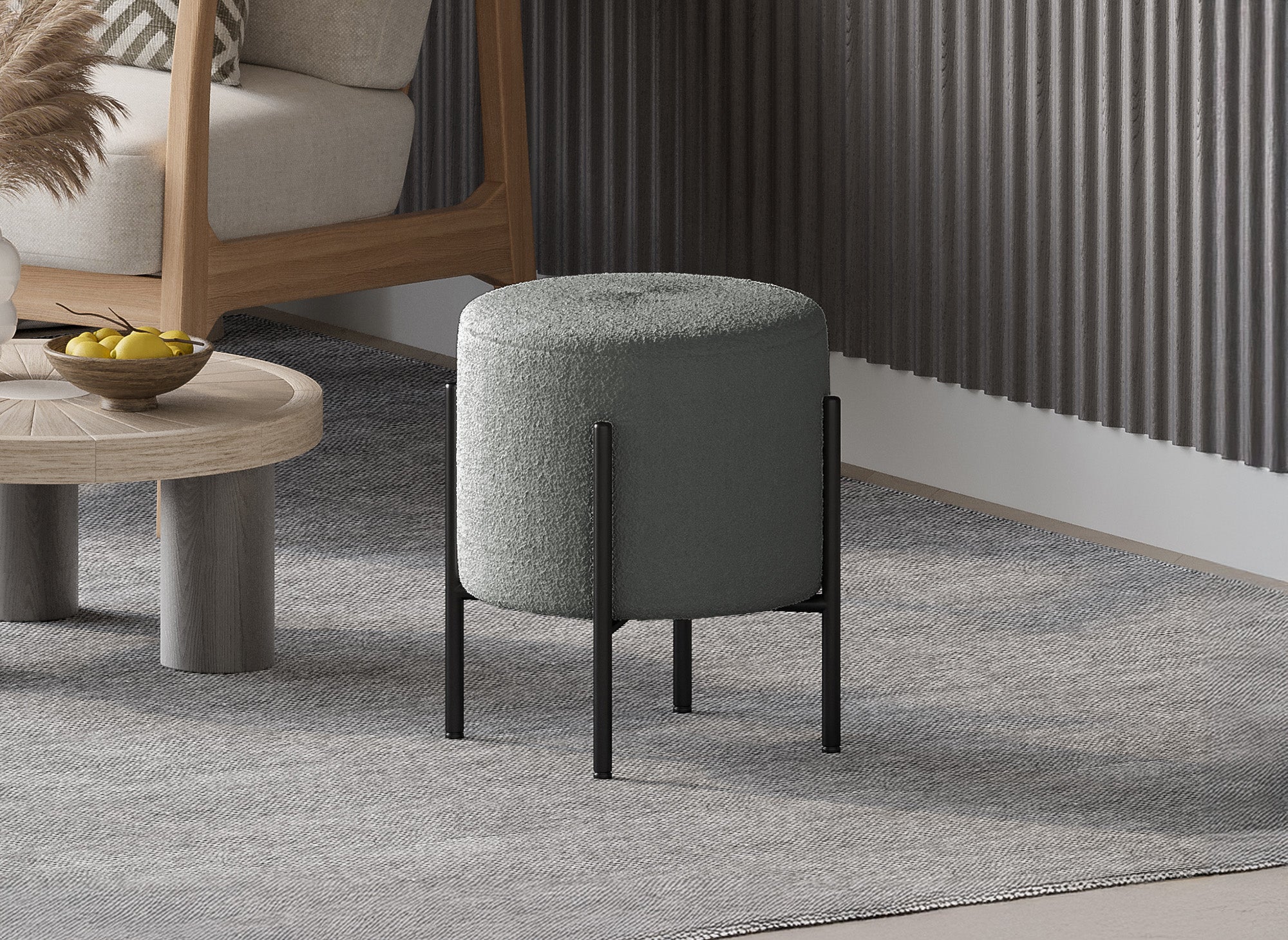 Designer-Hocker LIREN aus grauem Bouclé-Stoff und schwarzen Metallbeinen