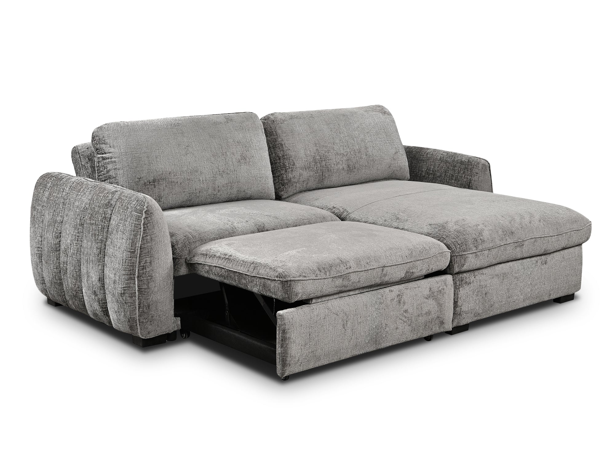 LIORA umwandelbares und wendbares Ecksofa mit Stauraum aus grau meliertem Samt