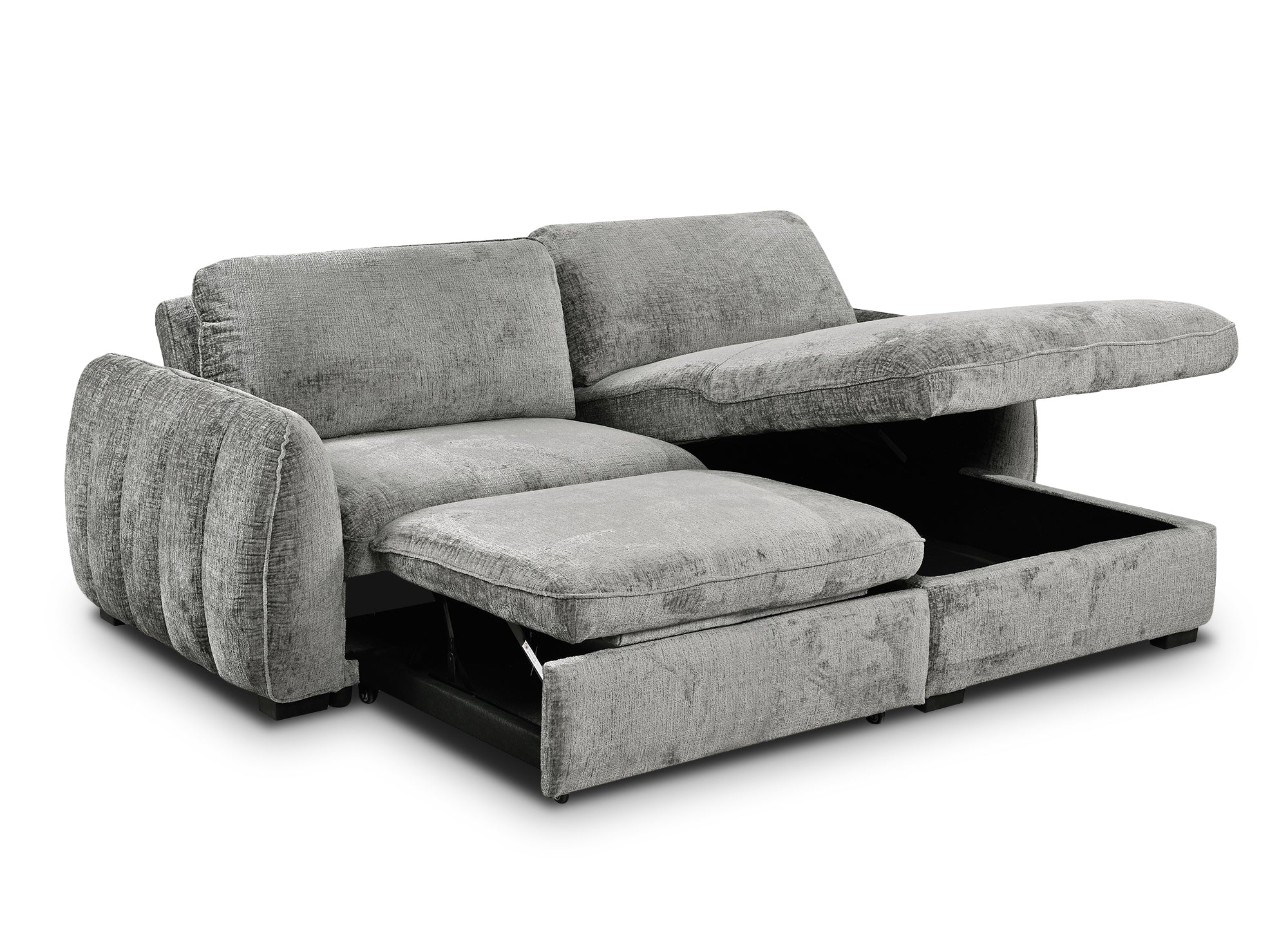 LIORA umwandelbares und wendbares Ecksofa mit Stauraum aus grau meliertem Samt