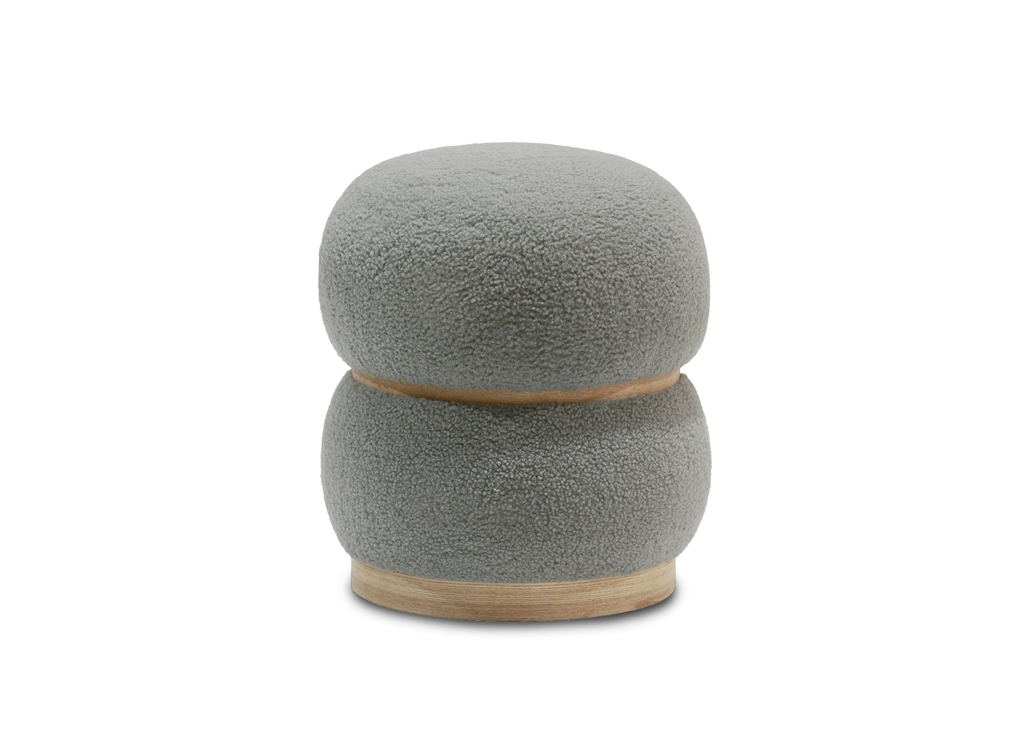 SNOW Designer-Pouf aus grauem Stoff in Schaffelloptik und Holz
