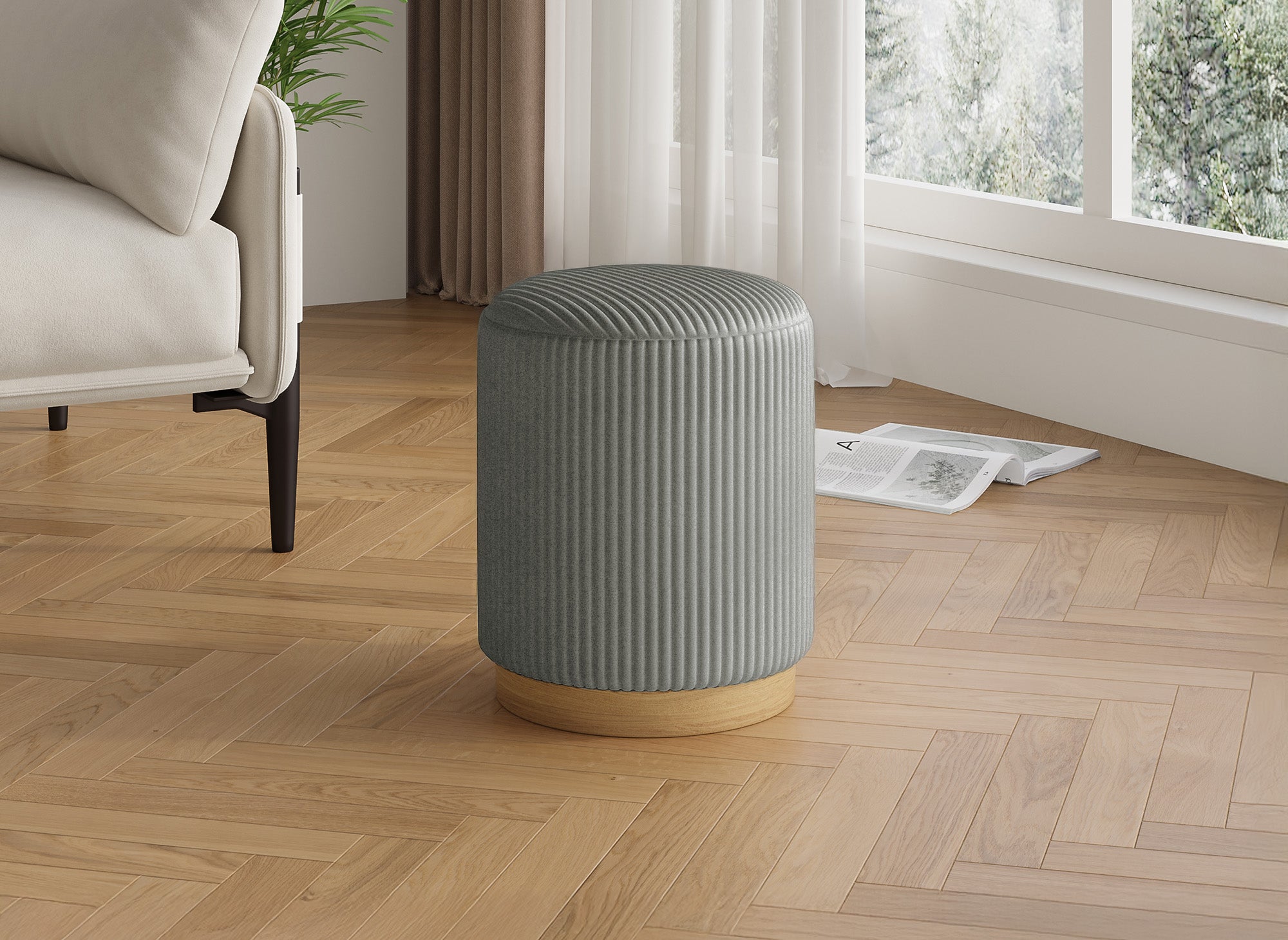Designer-Pouf ROY aus grauem Cord und Holz
