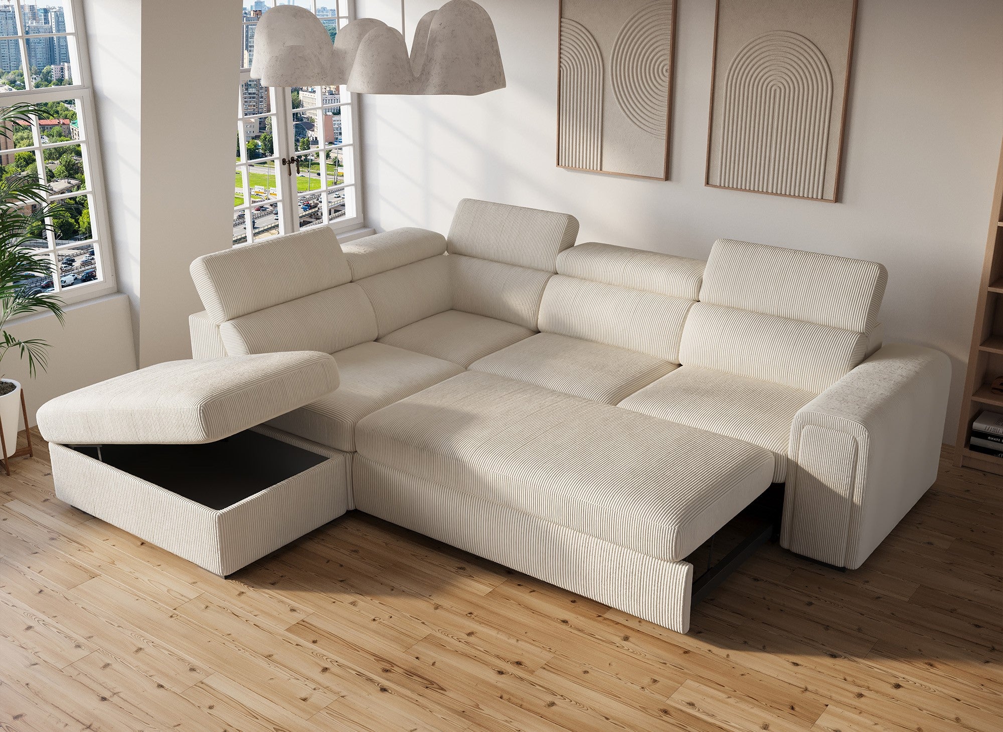 ZENOVA Ecksofa aus dickem, beigefarbenem Cord mit Stauraum – Linke Ecke