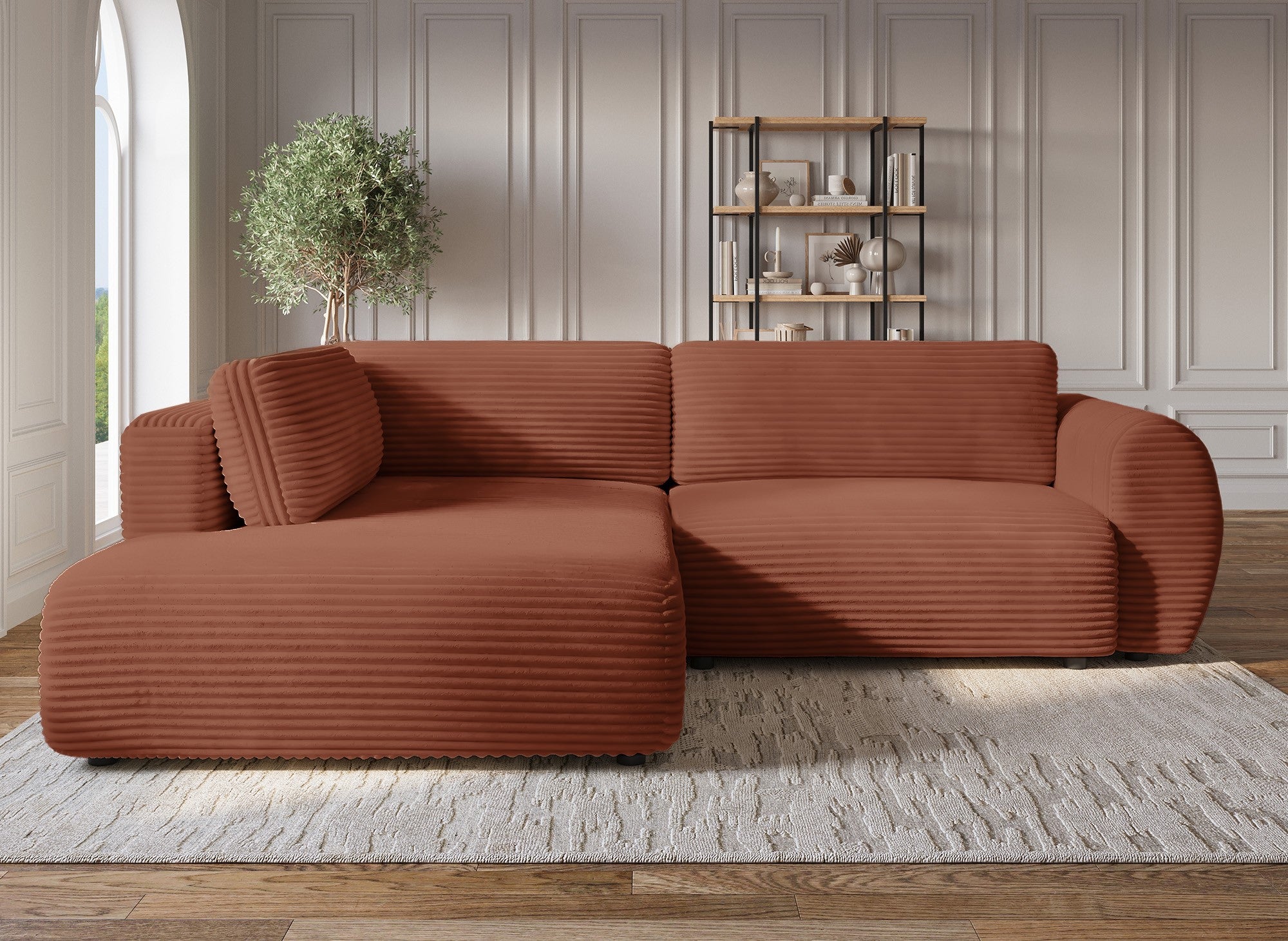 TILDA Terrakotta geripptes Ecksofa mit Schlaffunktion, Chaiselongue und Stauraum – Linke Ecke