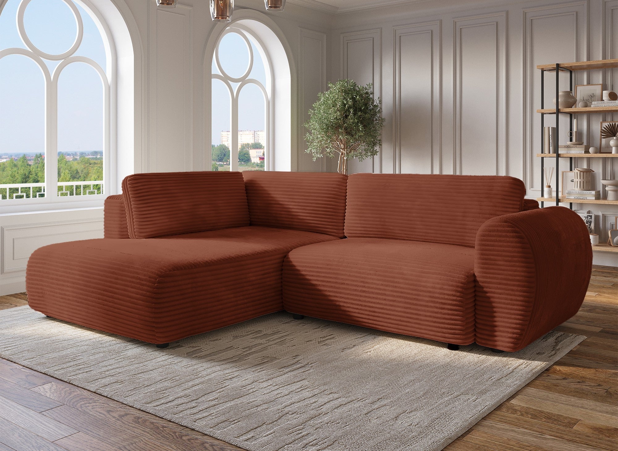 TILDA Terrakotta geripptes Ecksofa mit Schlaffunktion, Chaiselongue und Stauraum – Linke Ecke