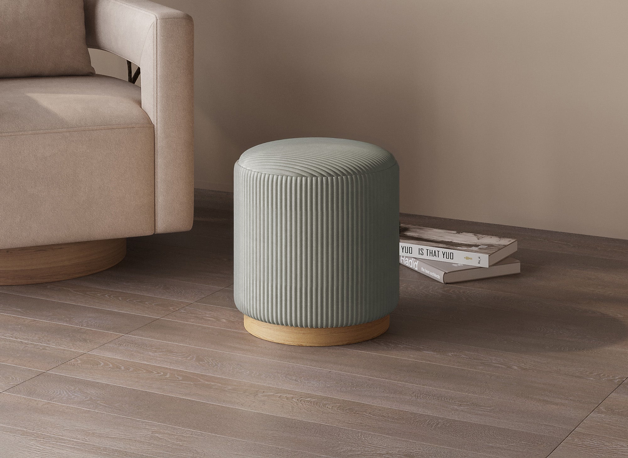 NAORA grauer Cord-Designer-Pouf mit Holzbeinen