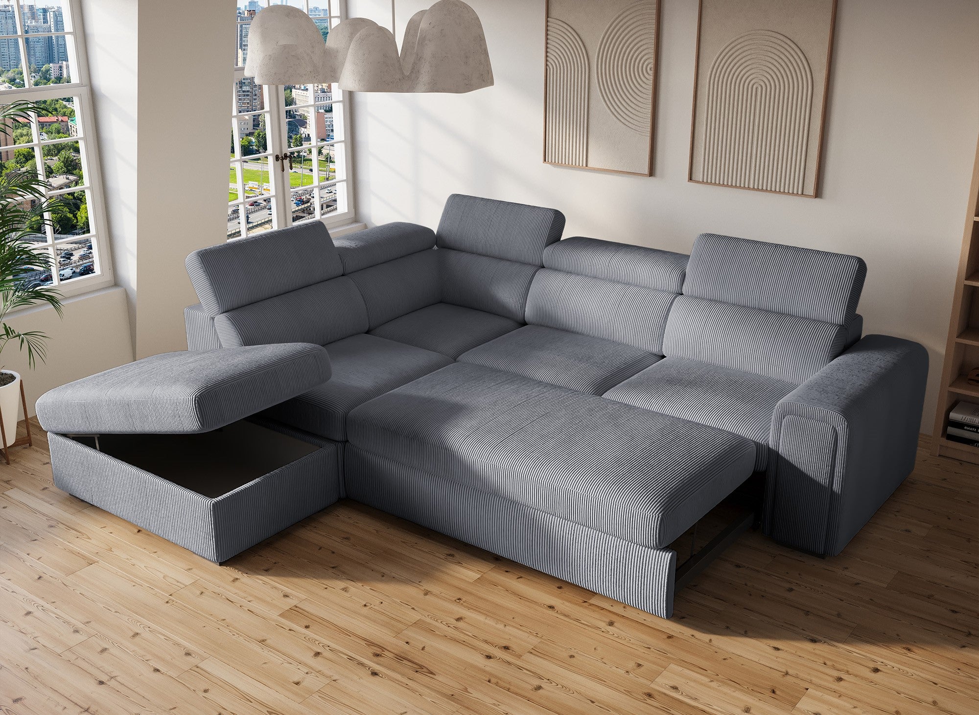 ZENOVA Ecksofa aus dickem grauem Cord mit Stauraum – Linke Ecke