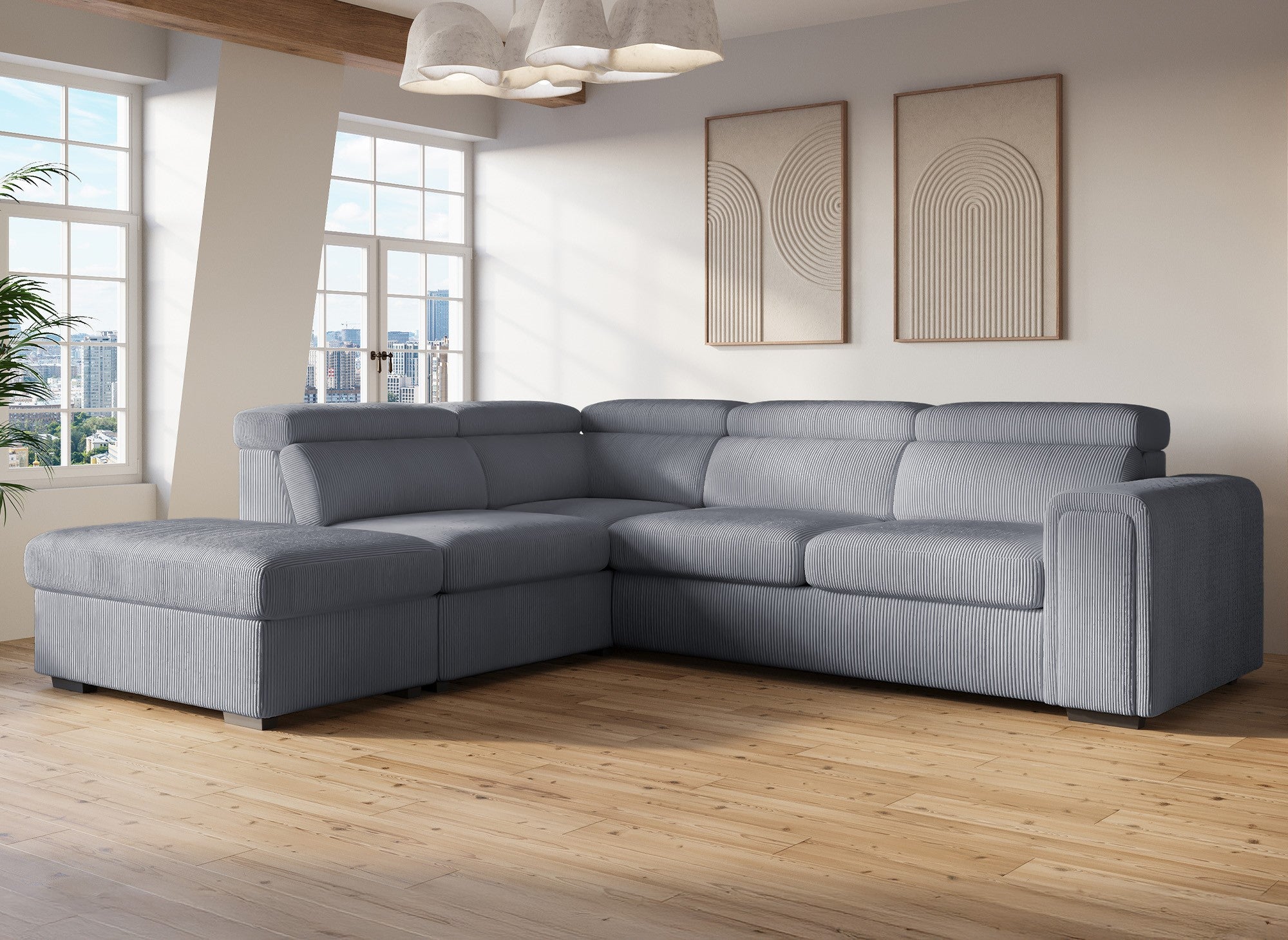 ZENOVA Ecksofa aus dickem grauem Cord mit Stauraum – Linke Ecke