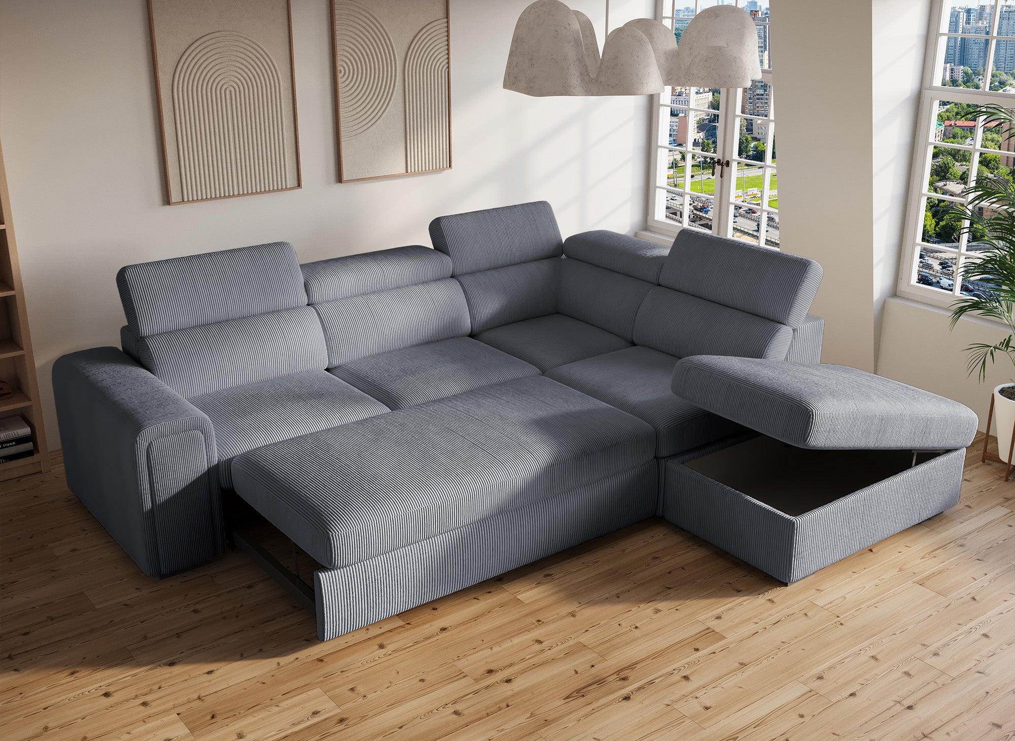 ZENOVA Ecksofa aus dickem grauem Cord mit Stauraum – rechtwinklig