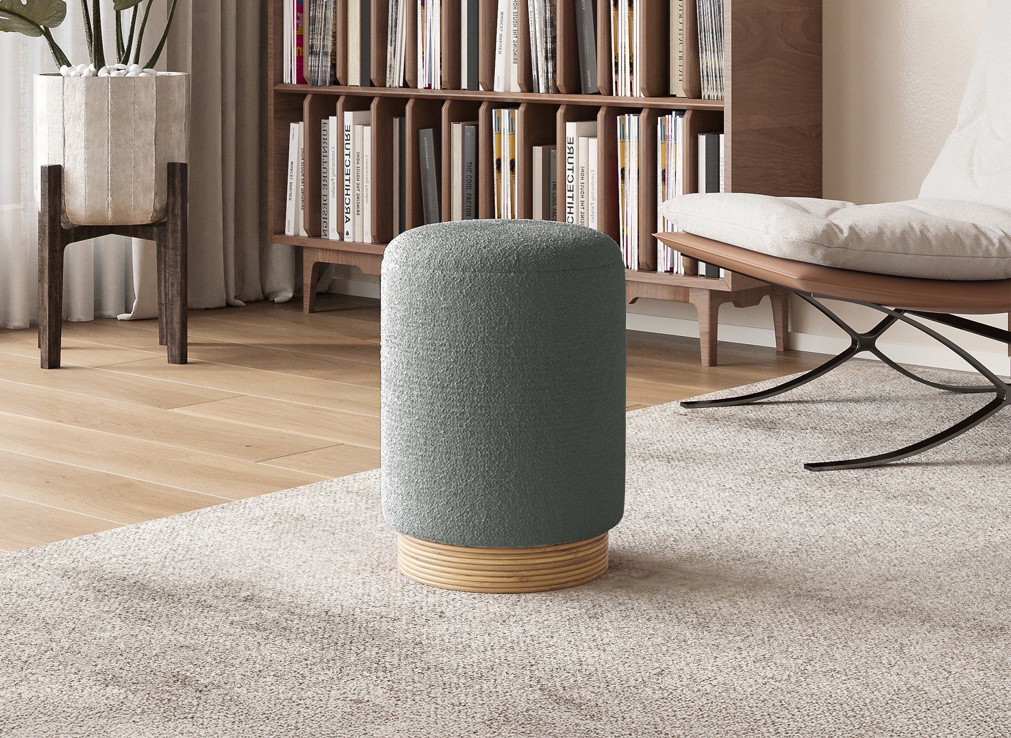 TANY Sitzpuff aus Stoff und Holz in grauer Schaffelloptik