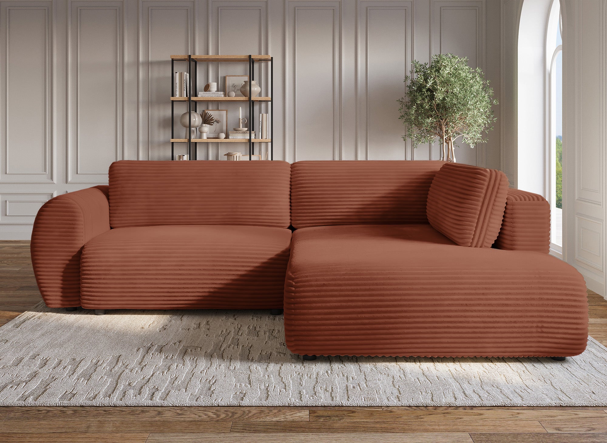 TILDA Terrakotta geripptes Ecksofa mit Schlaffunktion, Chaiselongue und Stauraum – rechter Winkel
