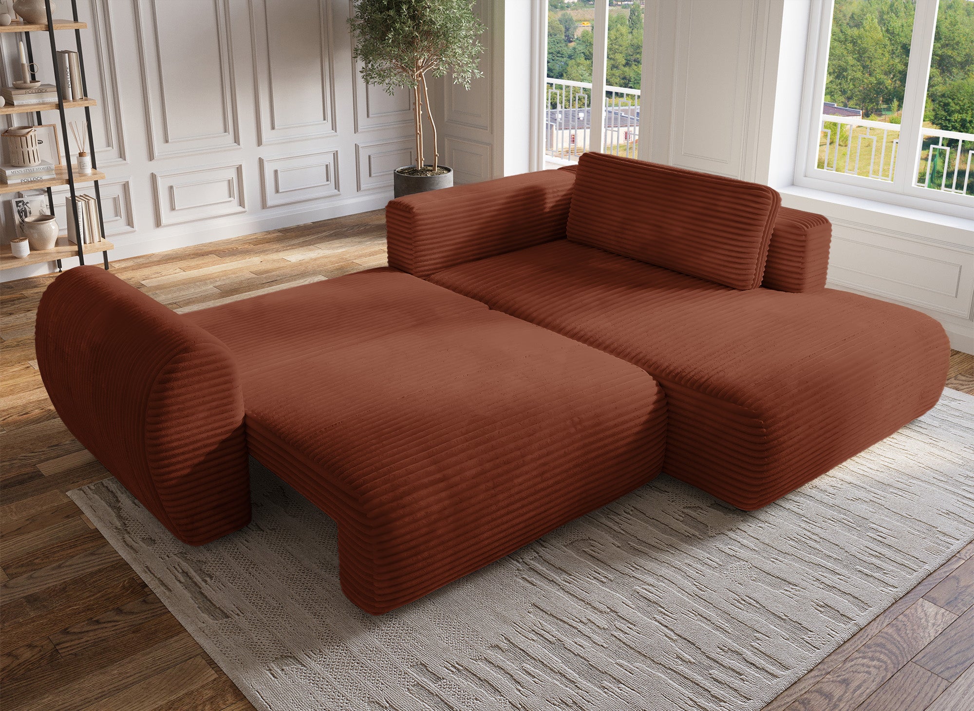 TILDA Terrakotta geripptes Ecksofa mit Schlaffunktion, Chaiselongue und Stauraum – rechter Winkel