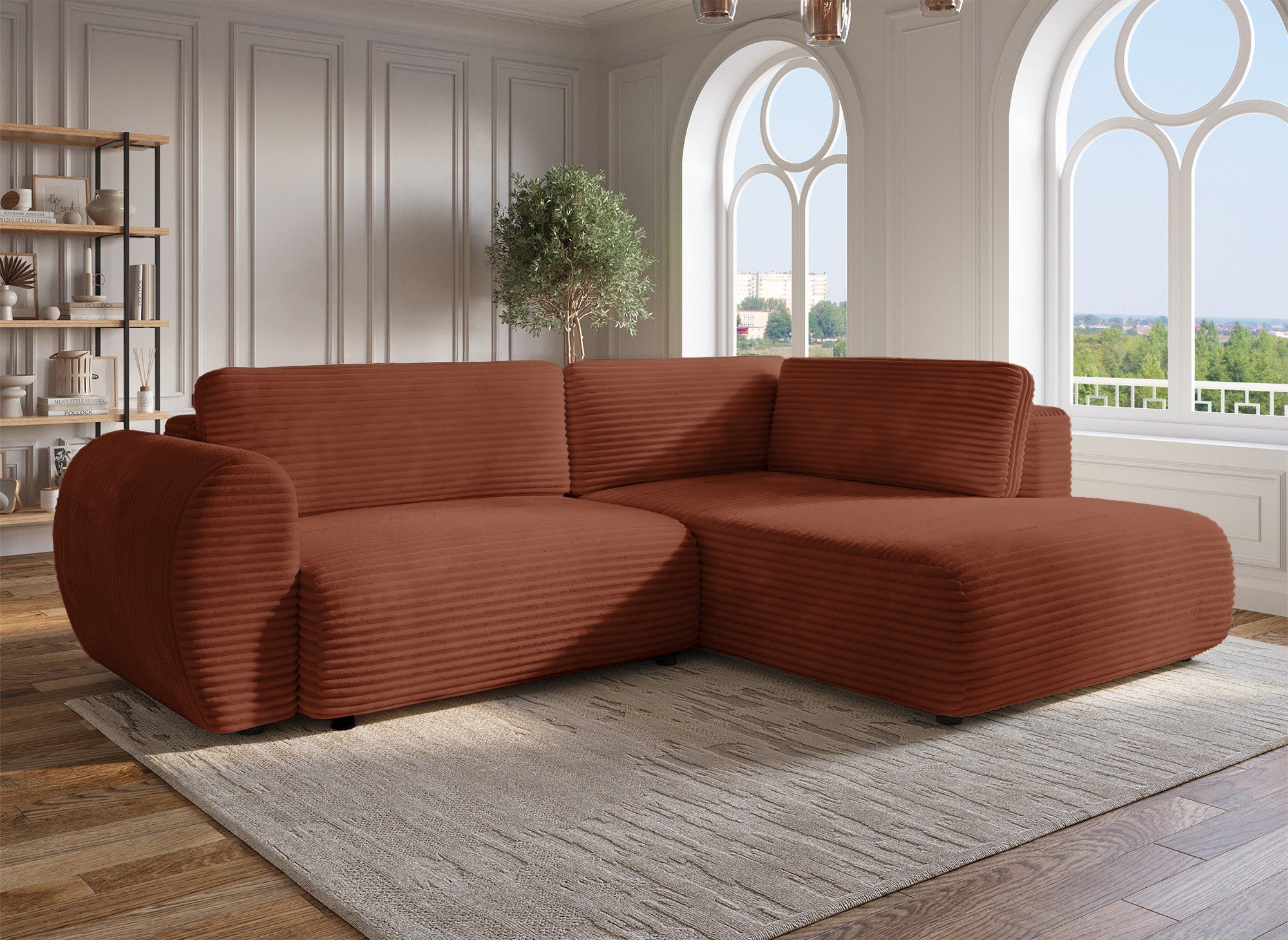 TILDA Terrakotta geripptes Ecksofa mit Schlaffunktion, Chaiselongue und Stauraum – rechter Winkel