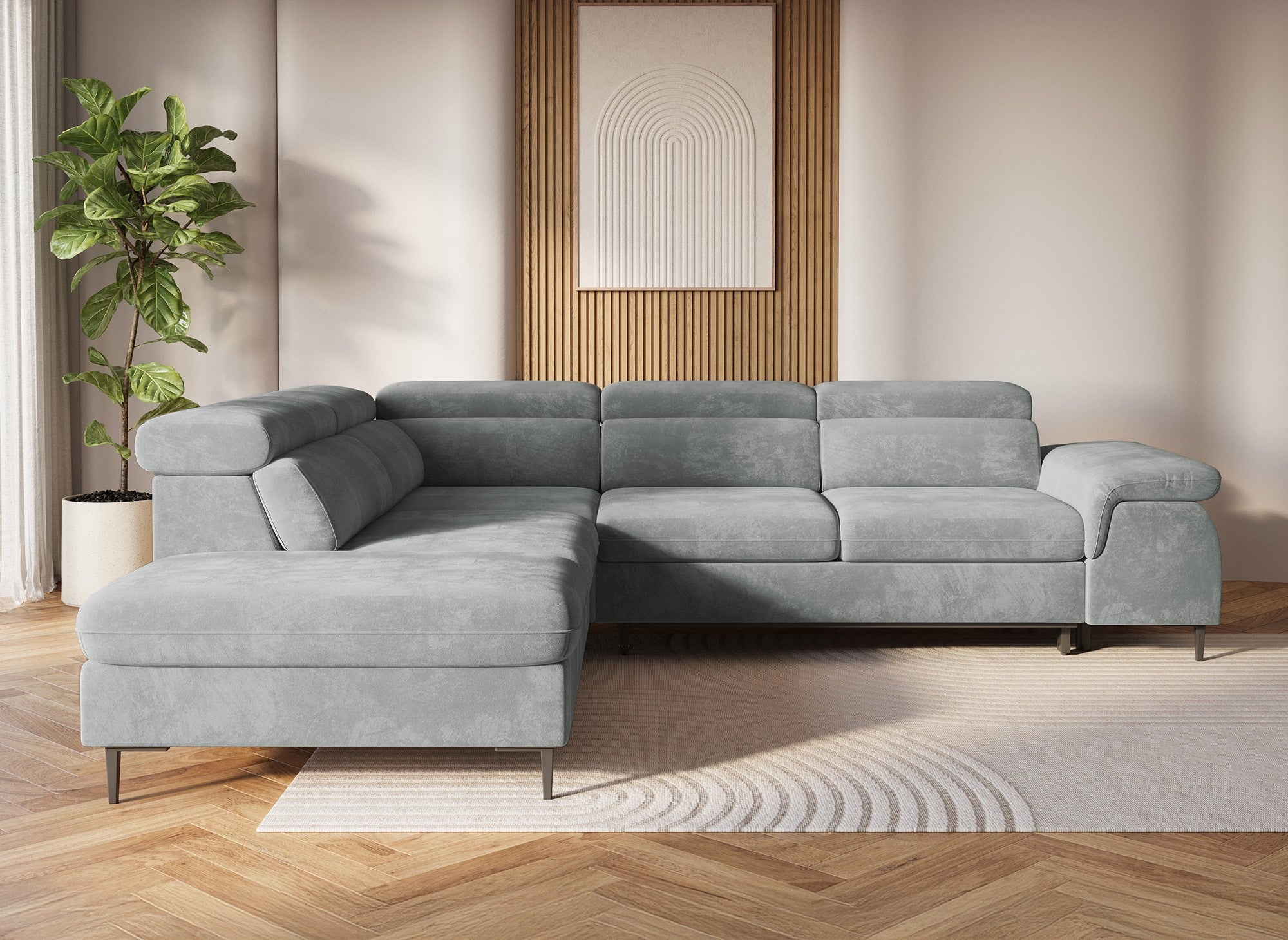 Umwandelbares Ecksofa aus grauem Samt mit Aufbewahrungsbox – linke Ecke