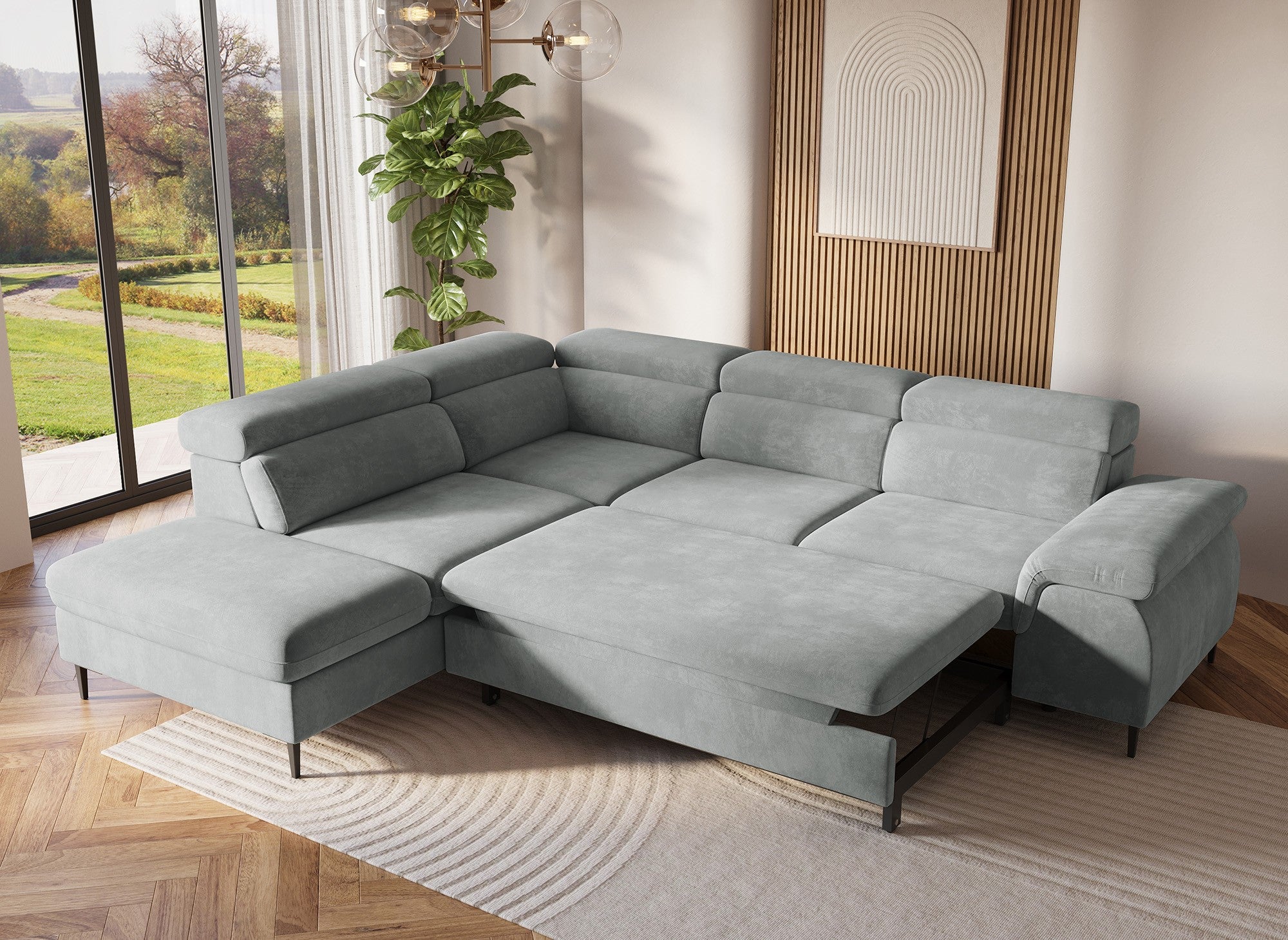 Umwandelbares Ecksofa aus grauem Samt mit Aufbewahrungsbox – linke Ecke