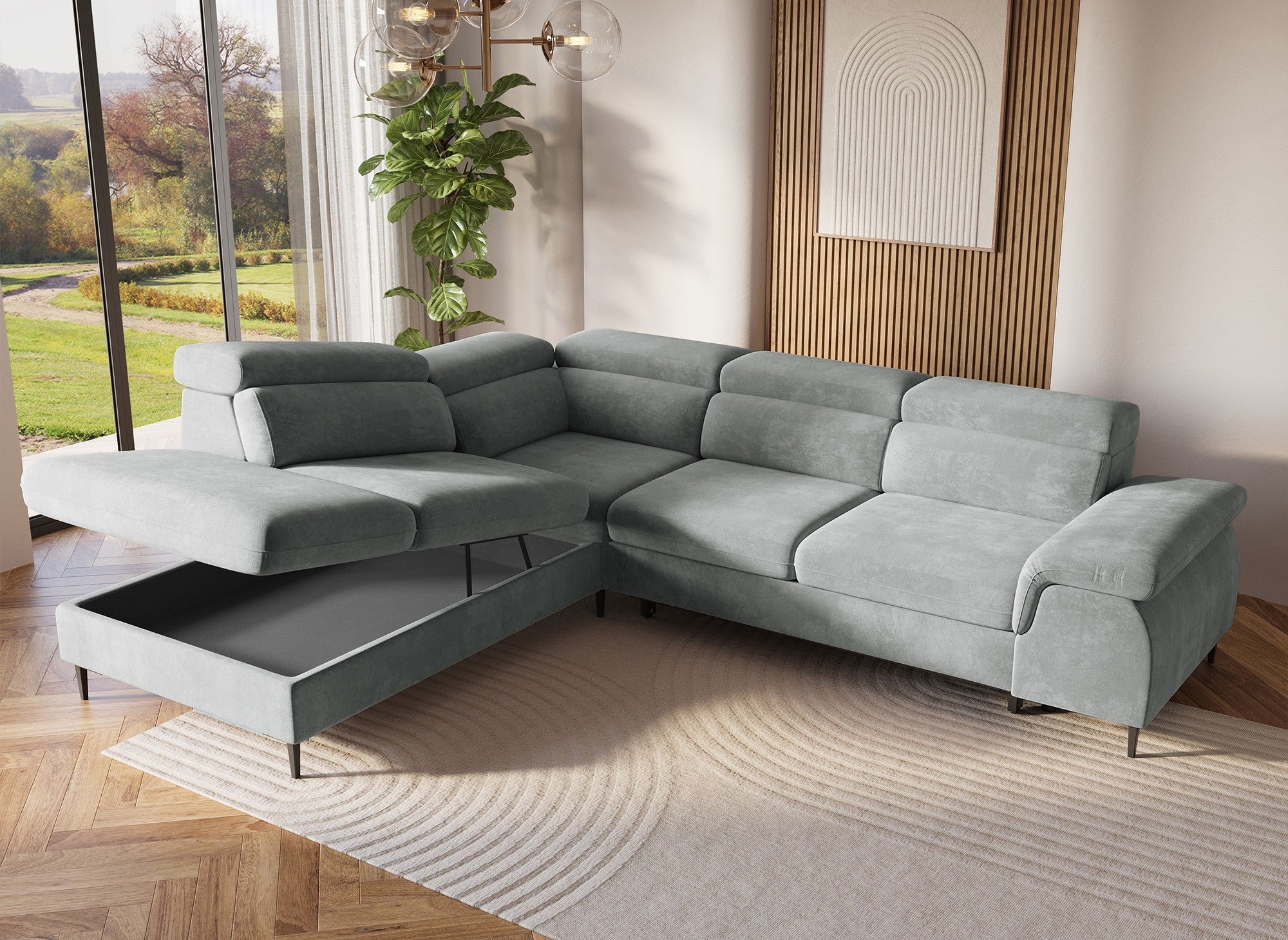 Umwandelbares Ecksofa aus grauem Samt mit Aufbewahrungsbox – linke Ecke