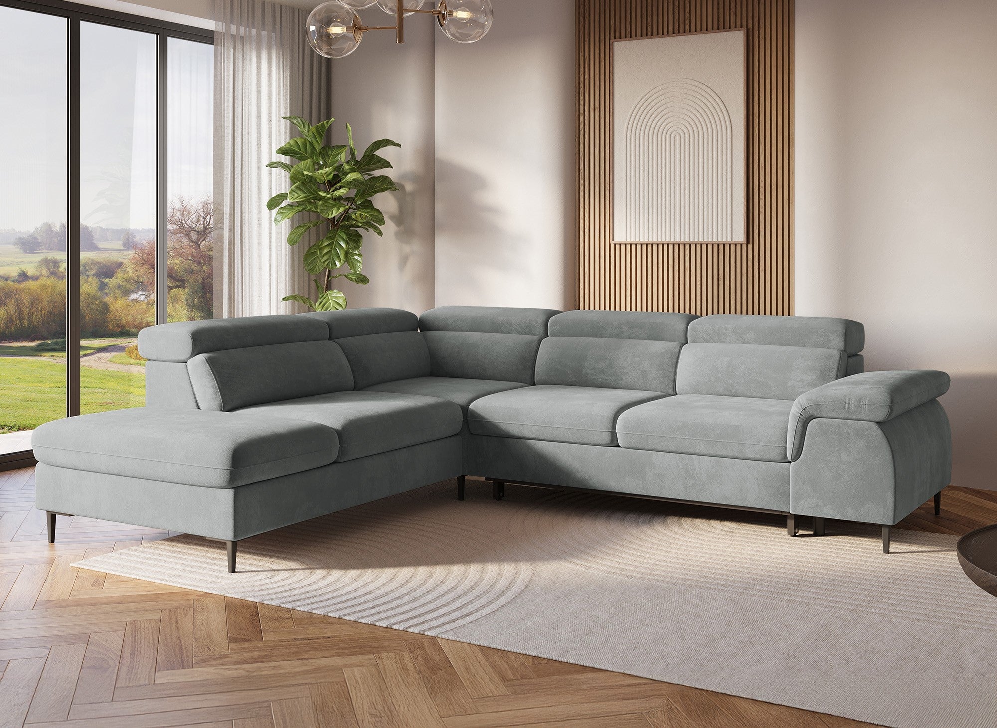 Umwandelbares Ecksofa aus grauem Samt mit Aufbewahrungsbox – linke Ecke