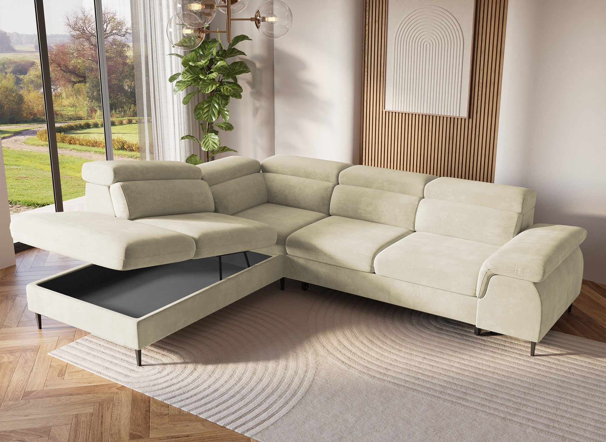 SWAN Ecksofa aus beigefarbenem Samt mit Aufbewahrungsbox – linke Ecke