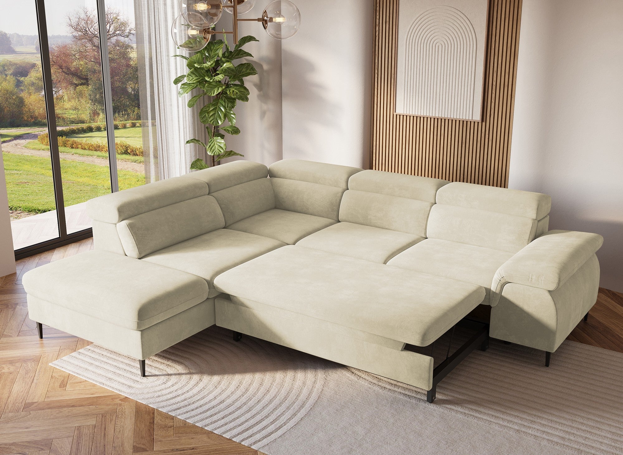 SWAN Ecksofa aus beigefarbenem Samt mit Aufbewahrungsbox – linke Ecke
