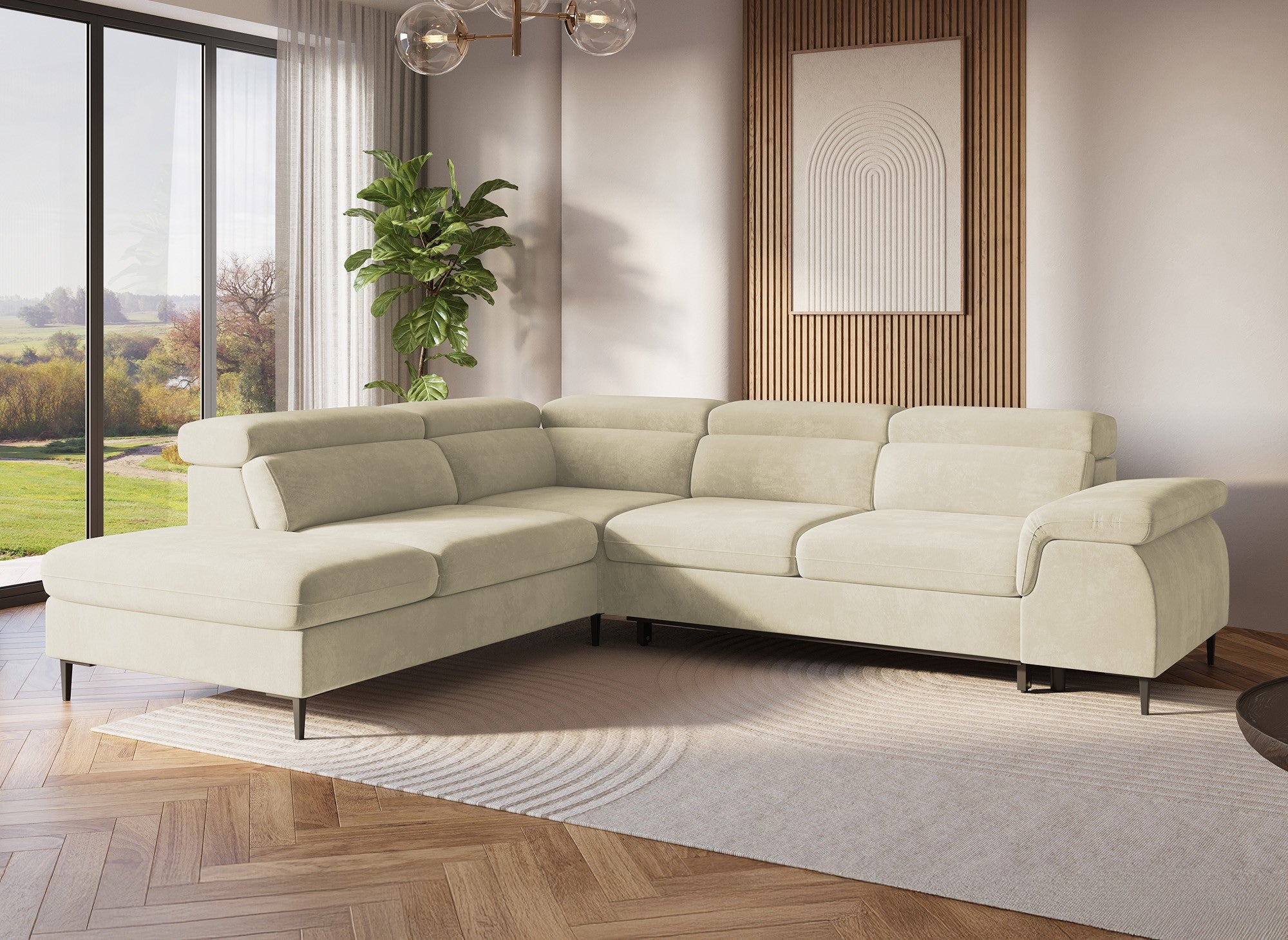 SWAN Ecksofa aus beigefarbenem Samt mit Aufbewahrungsbox – linke Ecke