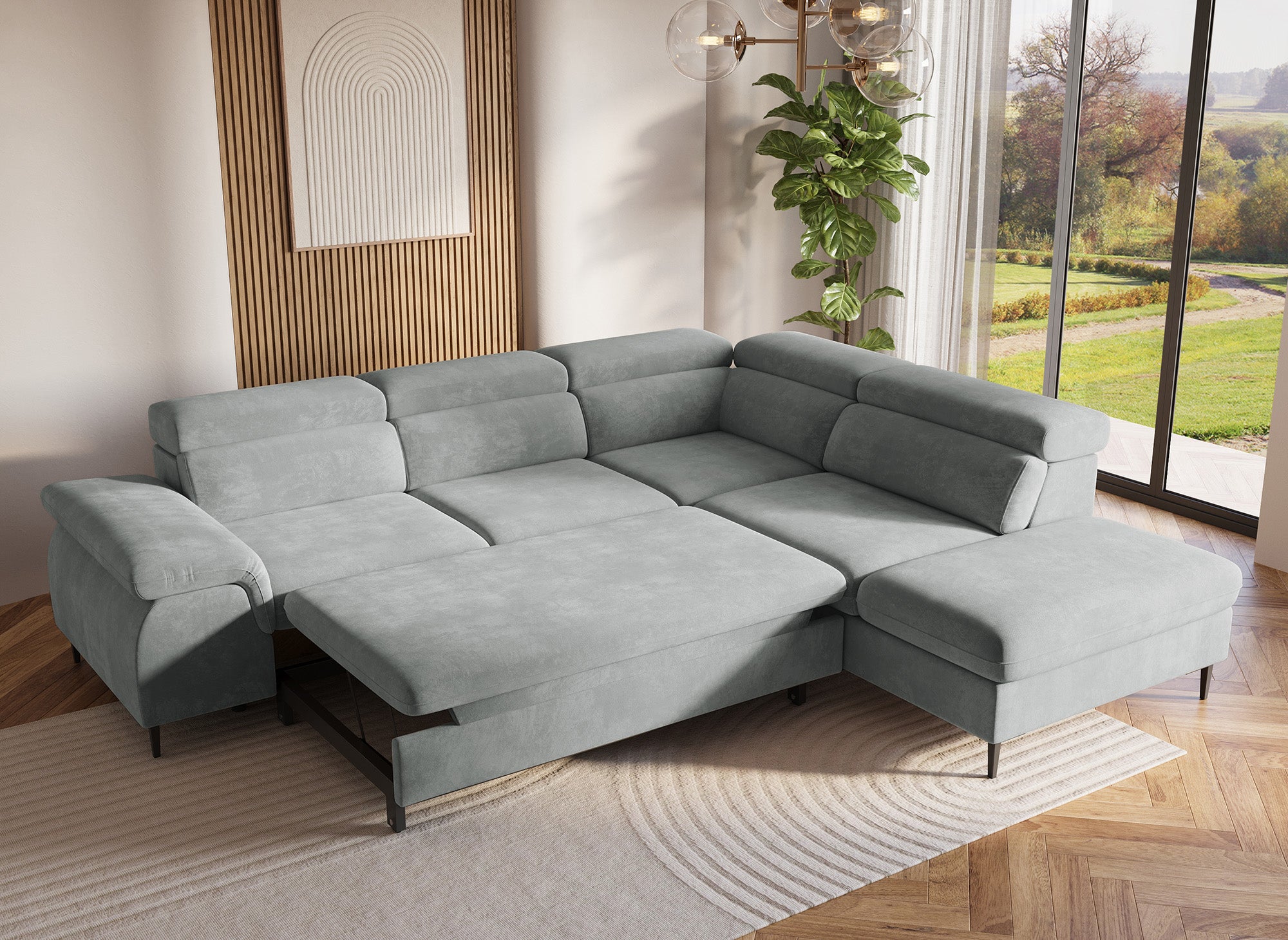 Umwandelbares Ecksofa aus grauem Samt mit Aufbewahrungsbox – rechtwinklig