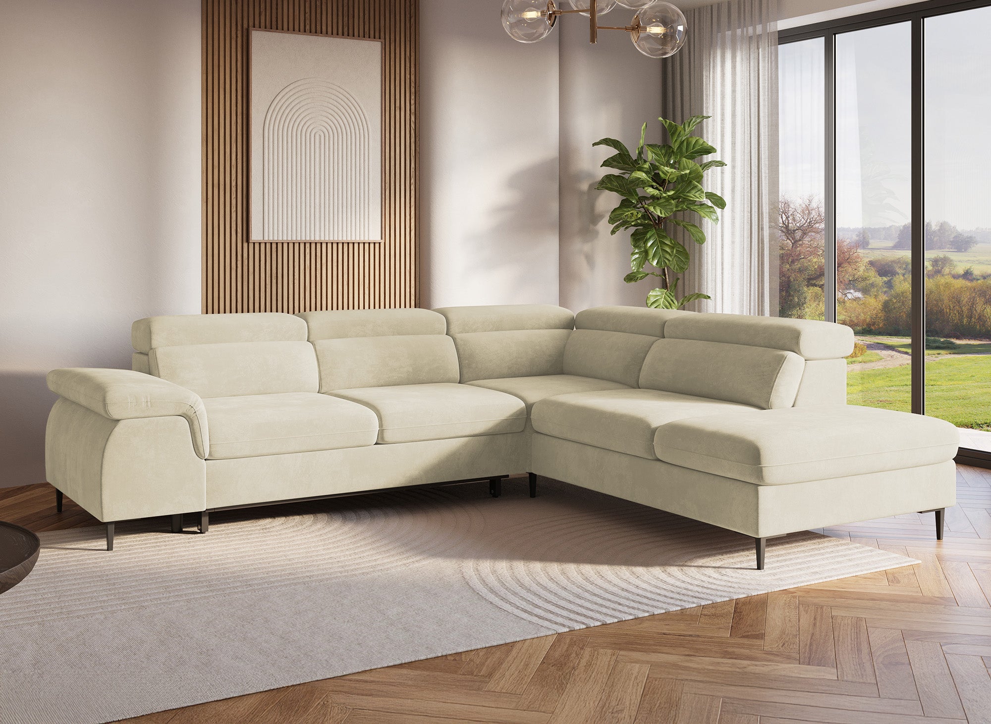 SWAN Ecksofa aus beigefarbenem Samt mit Aufbewahrungsbox - Rechtwinklig