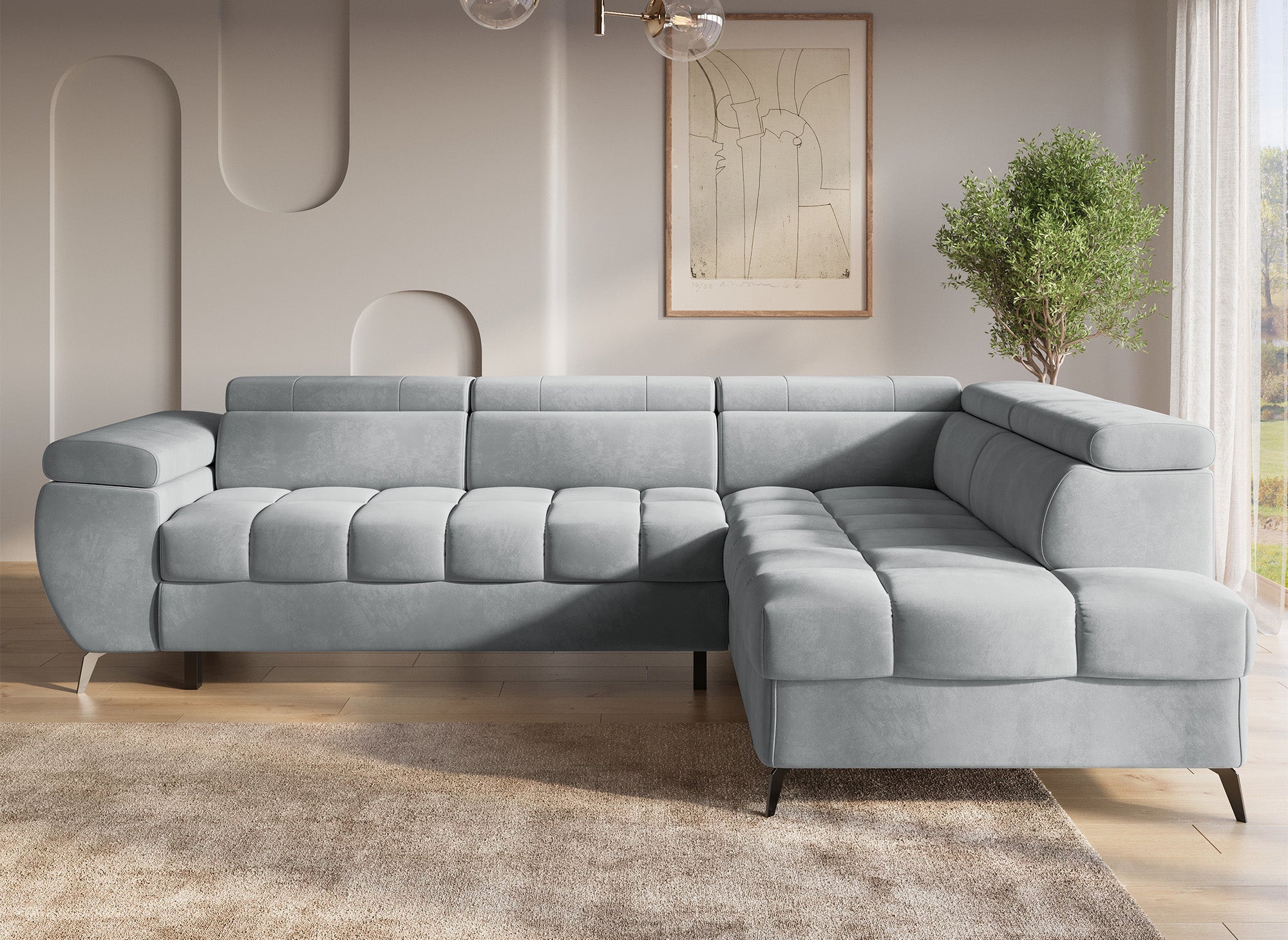 LUCIANO Ecksofa mit grauem Samtbezug und Stauraum - rechtwinklig