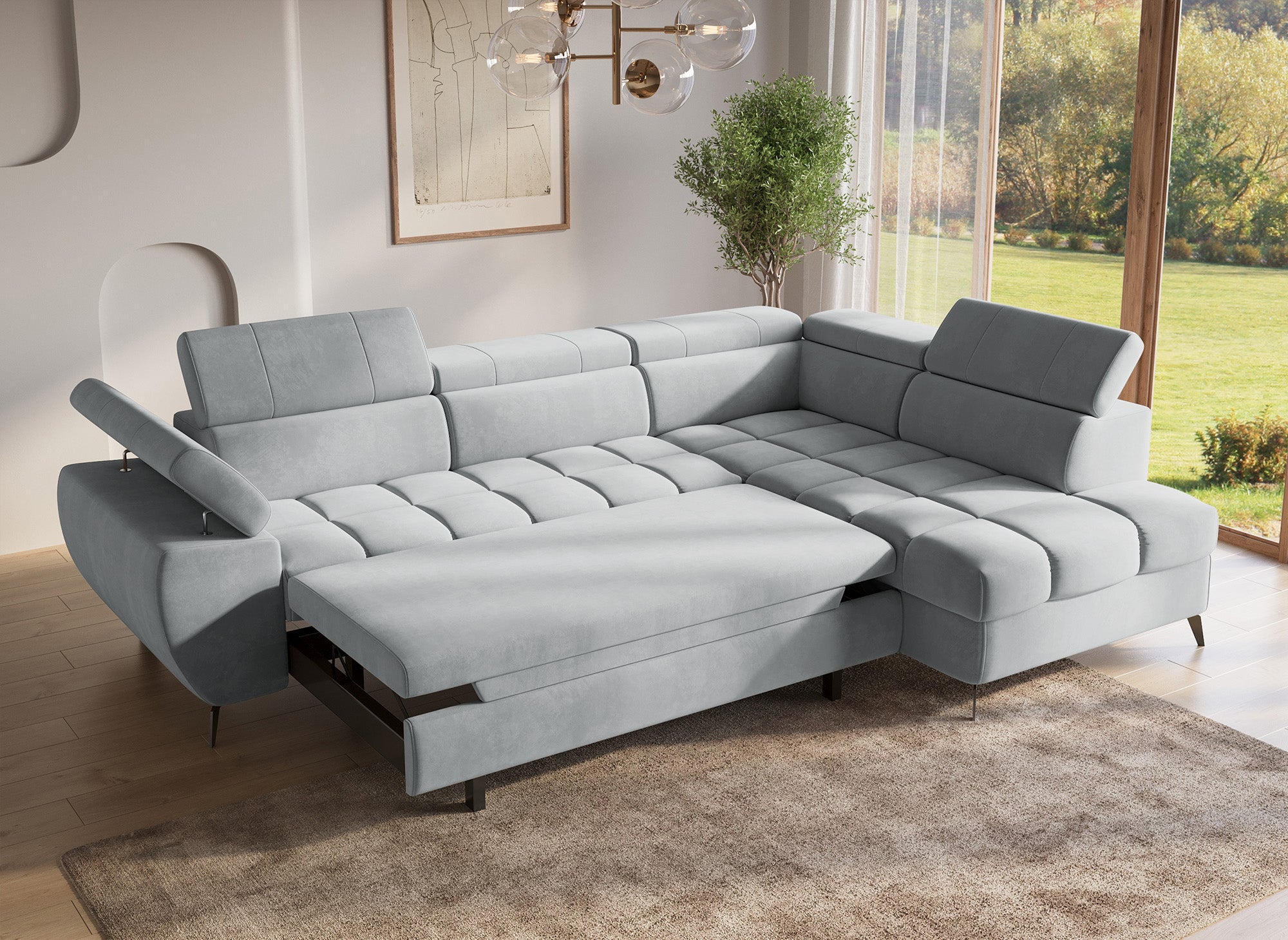 LUCIANO Ecksofa mit grauem Samtbezug und Stauraum - rechtwinklig