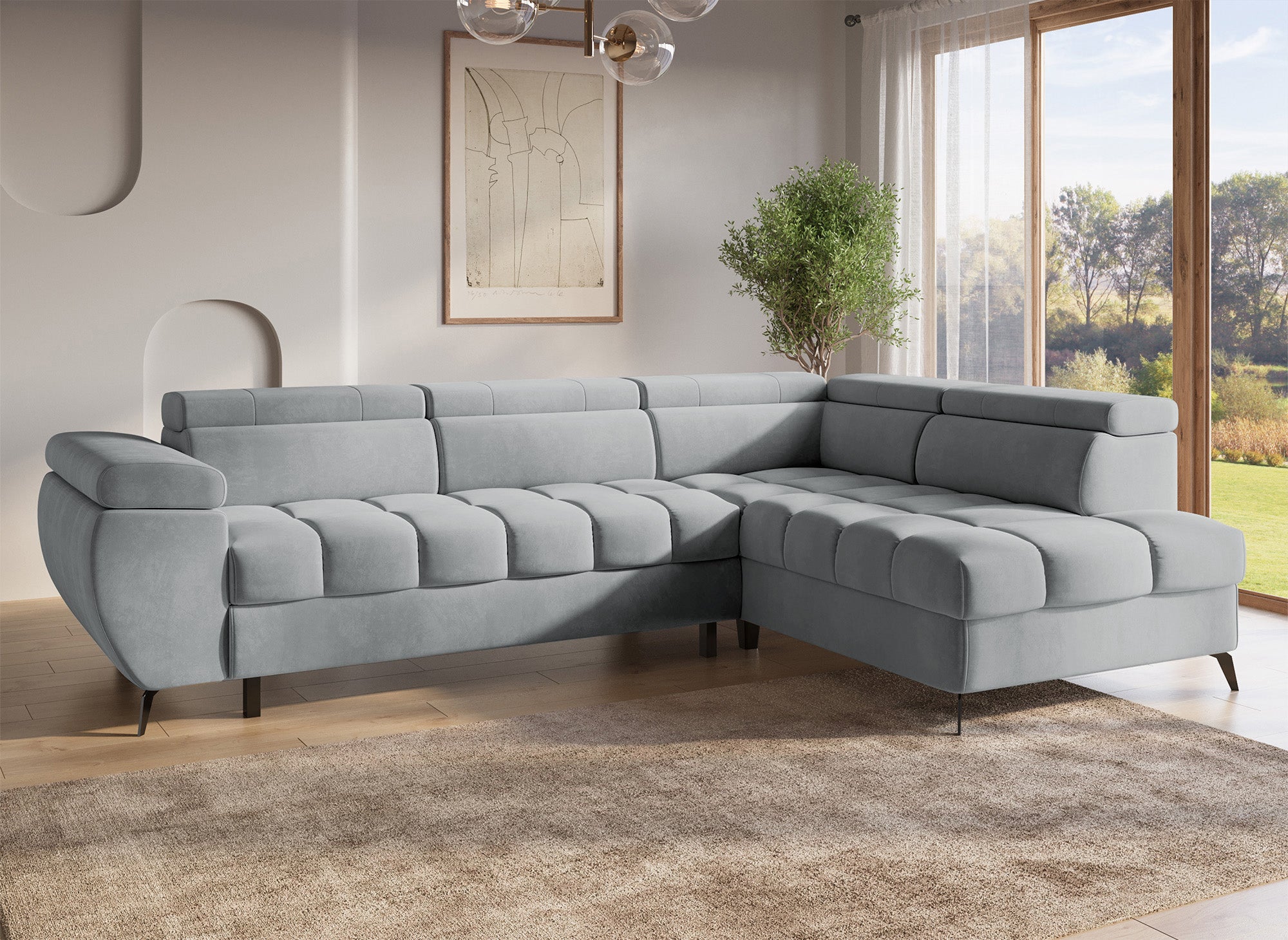 LUCIANO Ecksofa mit grauem Samtbezug und Stauraum - rechtwinklig