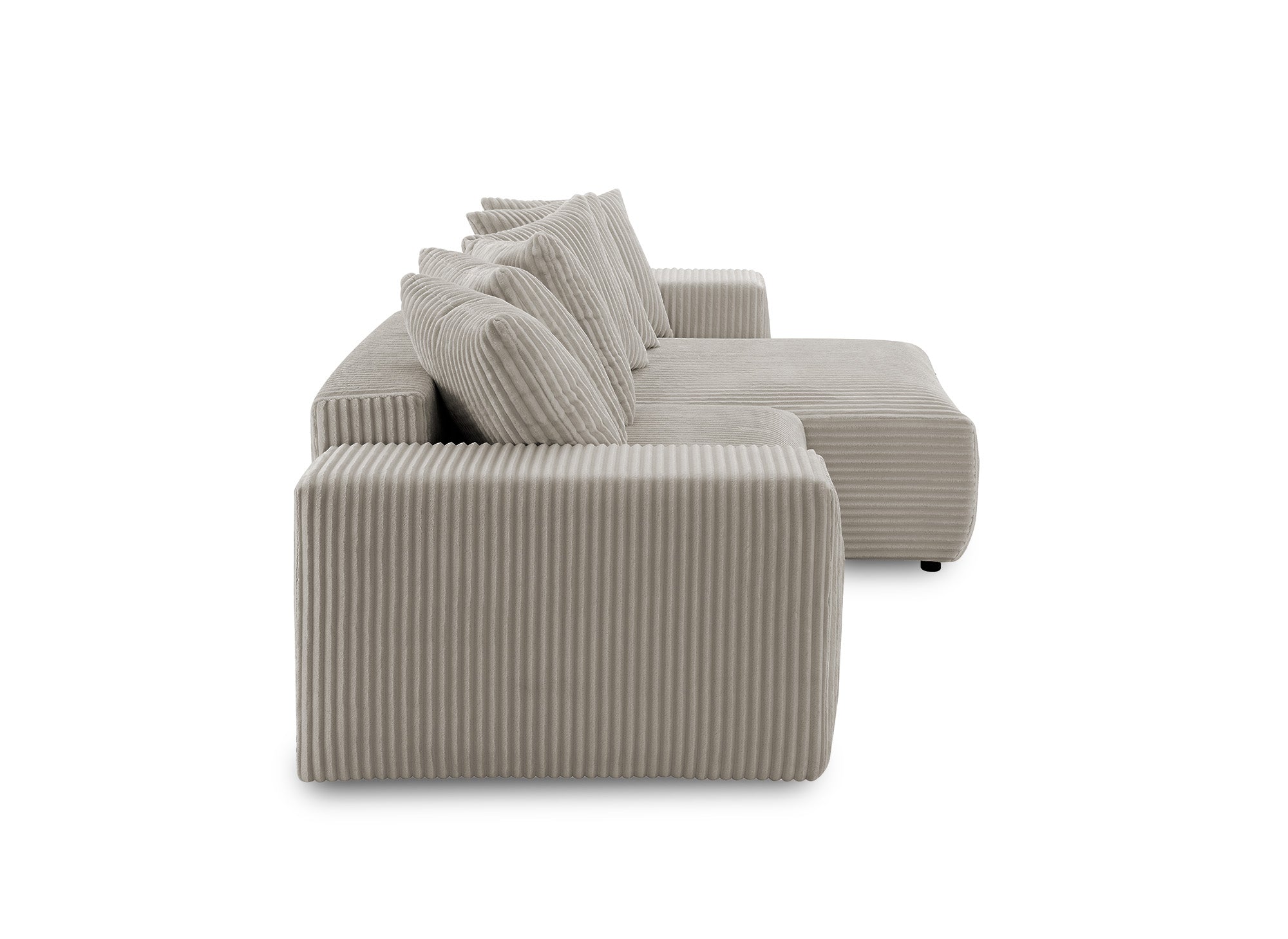 NOELIA, wendbares Eckschlafsofa mit Stauraum aus dickem Taupe-Cord