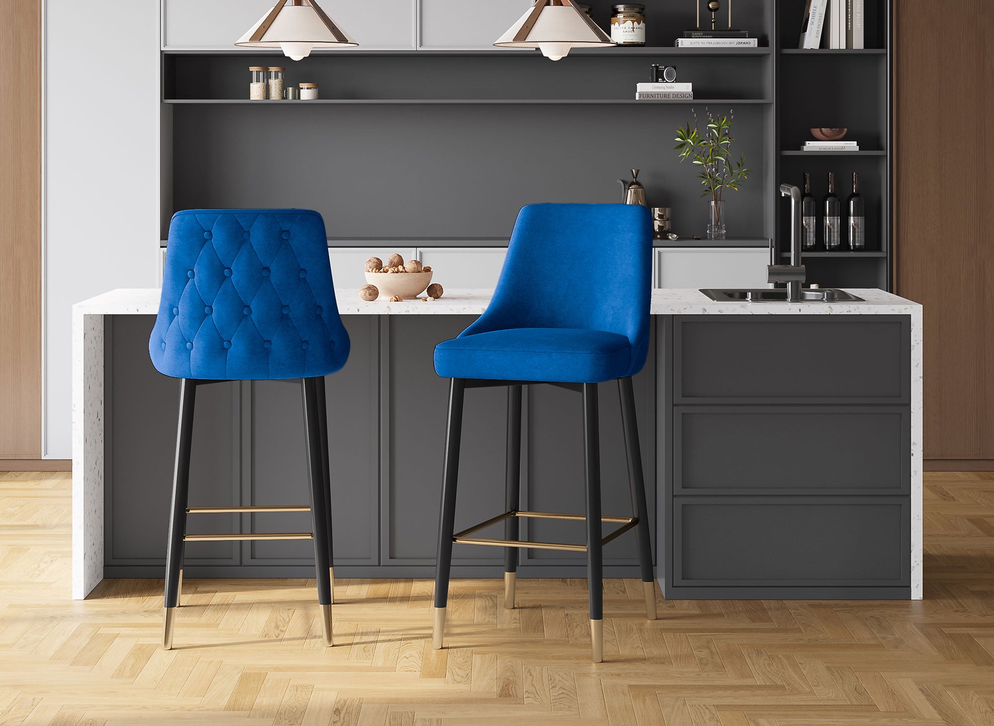 2er-Set DORINA Barhocker aus blauem Samt