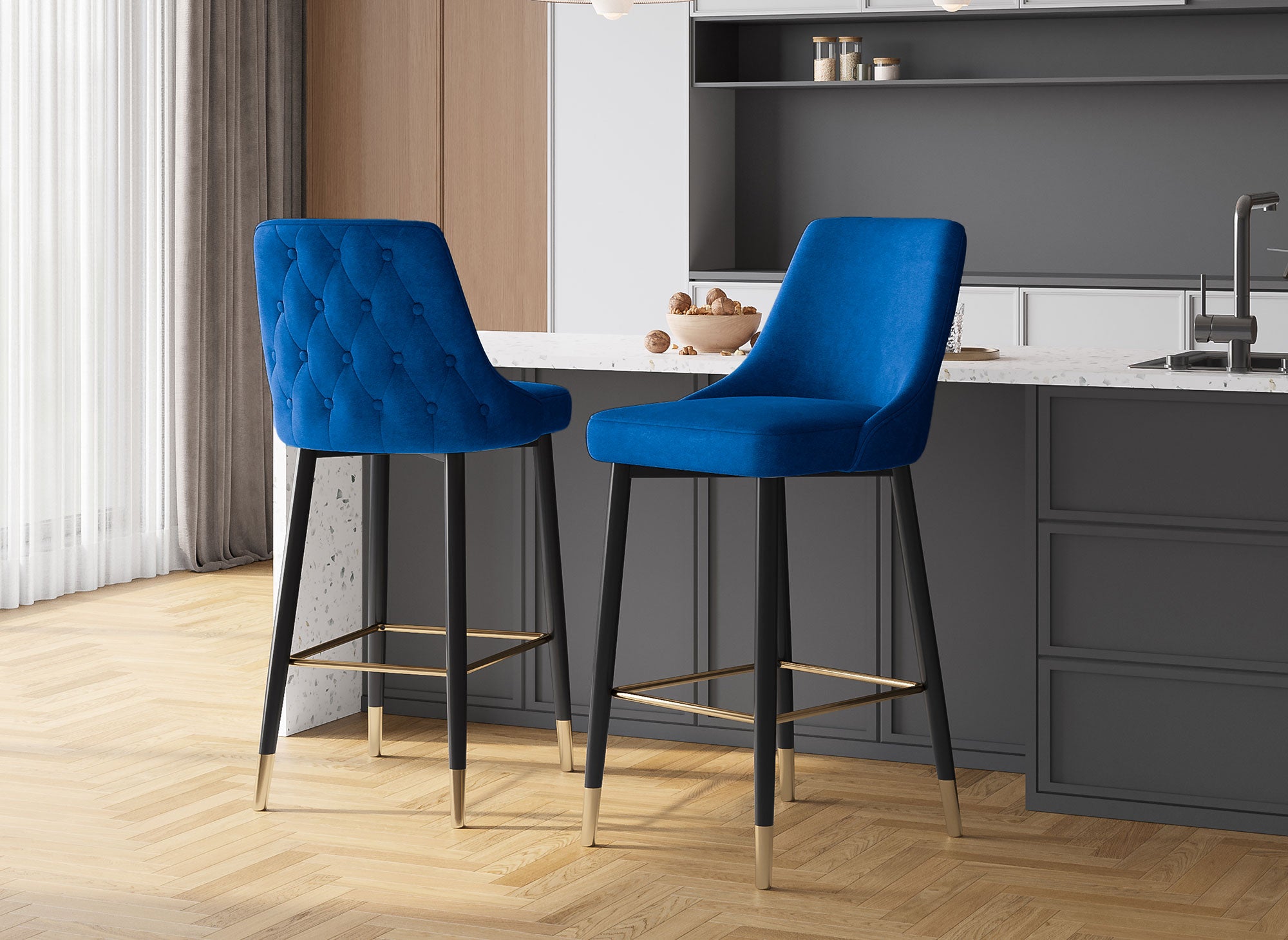 2er-Set DORINA Barhocker aus blauem Samt