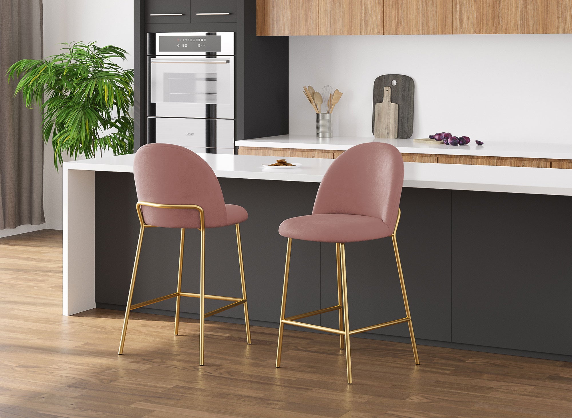 2er-Set Designer-Barhocker aus rosa Samt ARABEL