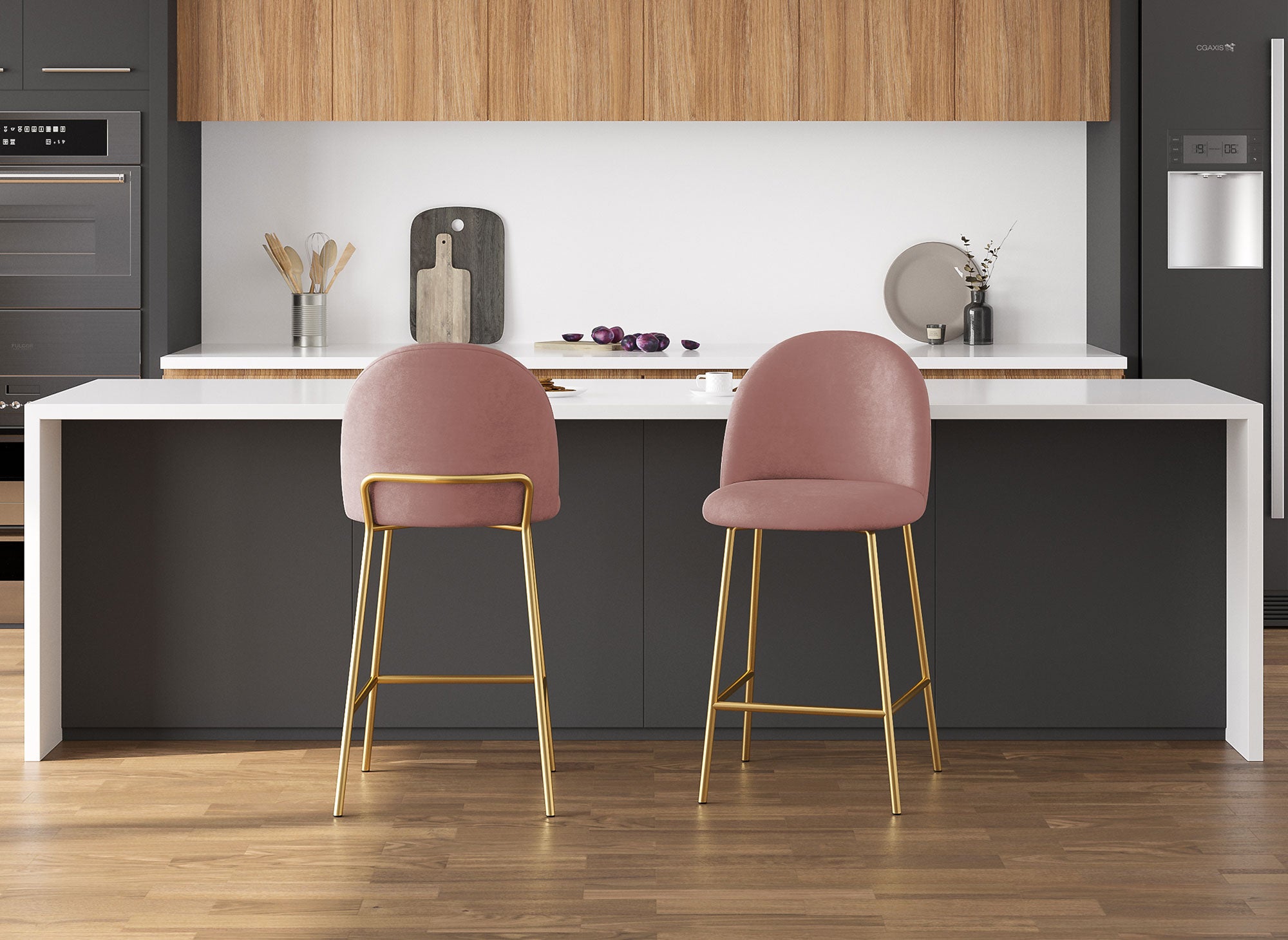 2er-Set Designer-Barhocker aus rosa Samt ARABEL