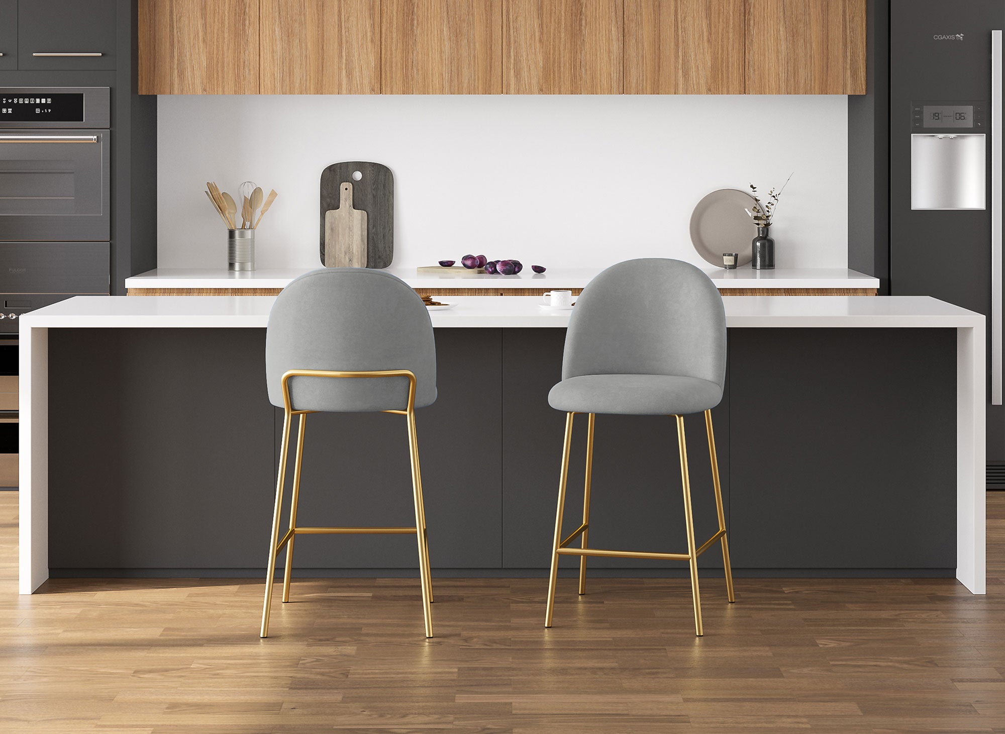 2er-Set Designer-Barhocker aus grauem Samt ARABEL