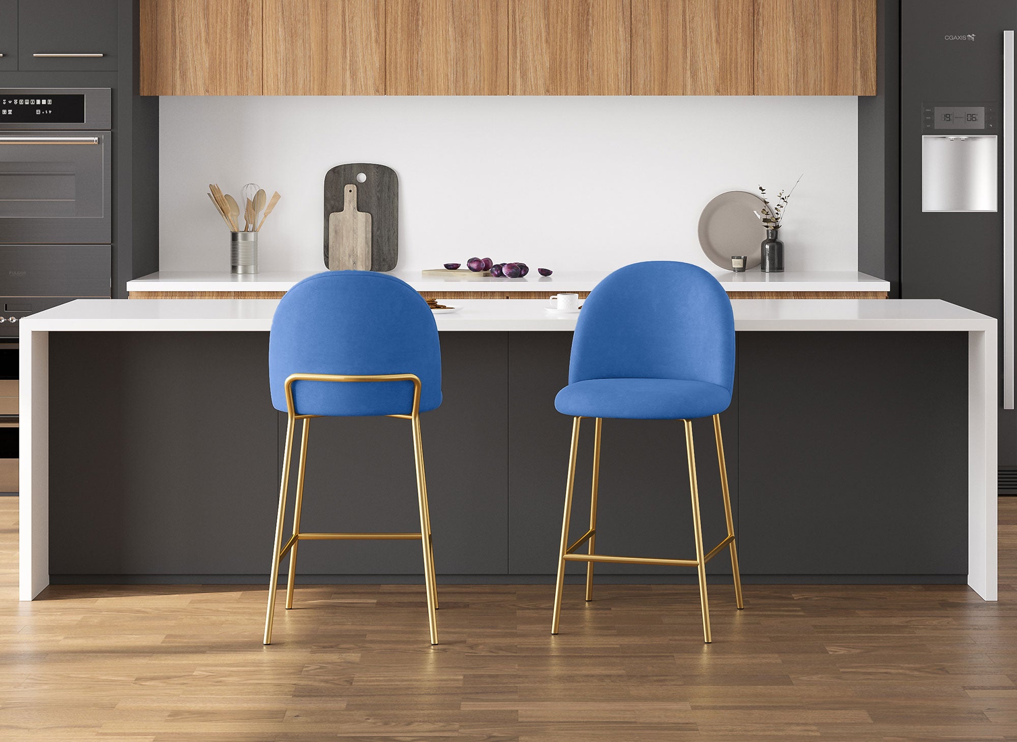2er-Set Designer-Barhocker aus blauem Samt ARABEL
