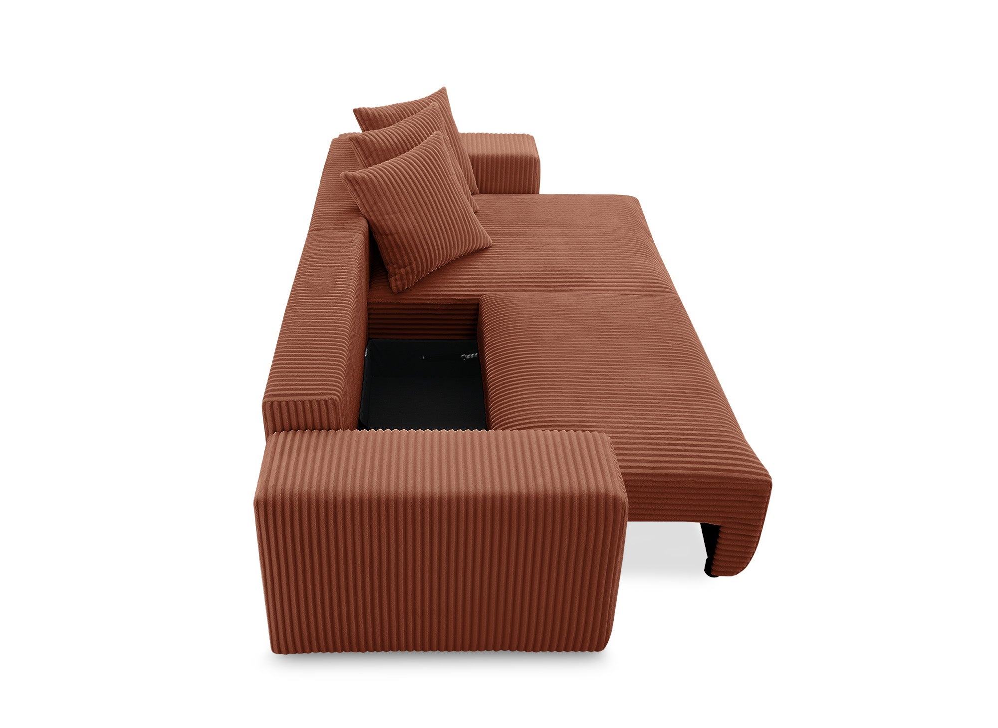 NOELIA, wendbares Eckschlafsofa mit Stauraum aus dickem Terrakotta-Cord