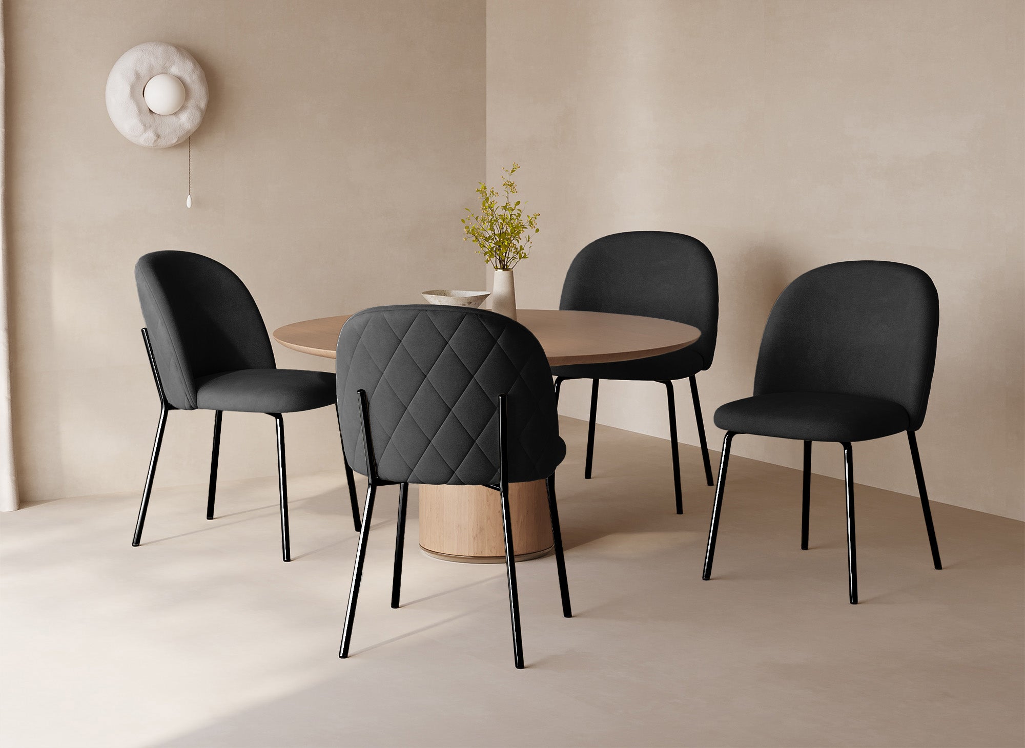 2er Set Designerstühle aus schwarzem Samt mit schwarzen Beinen KENNETH