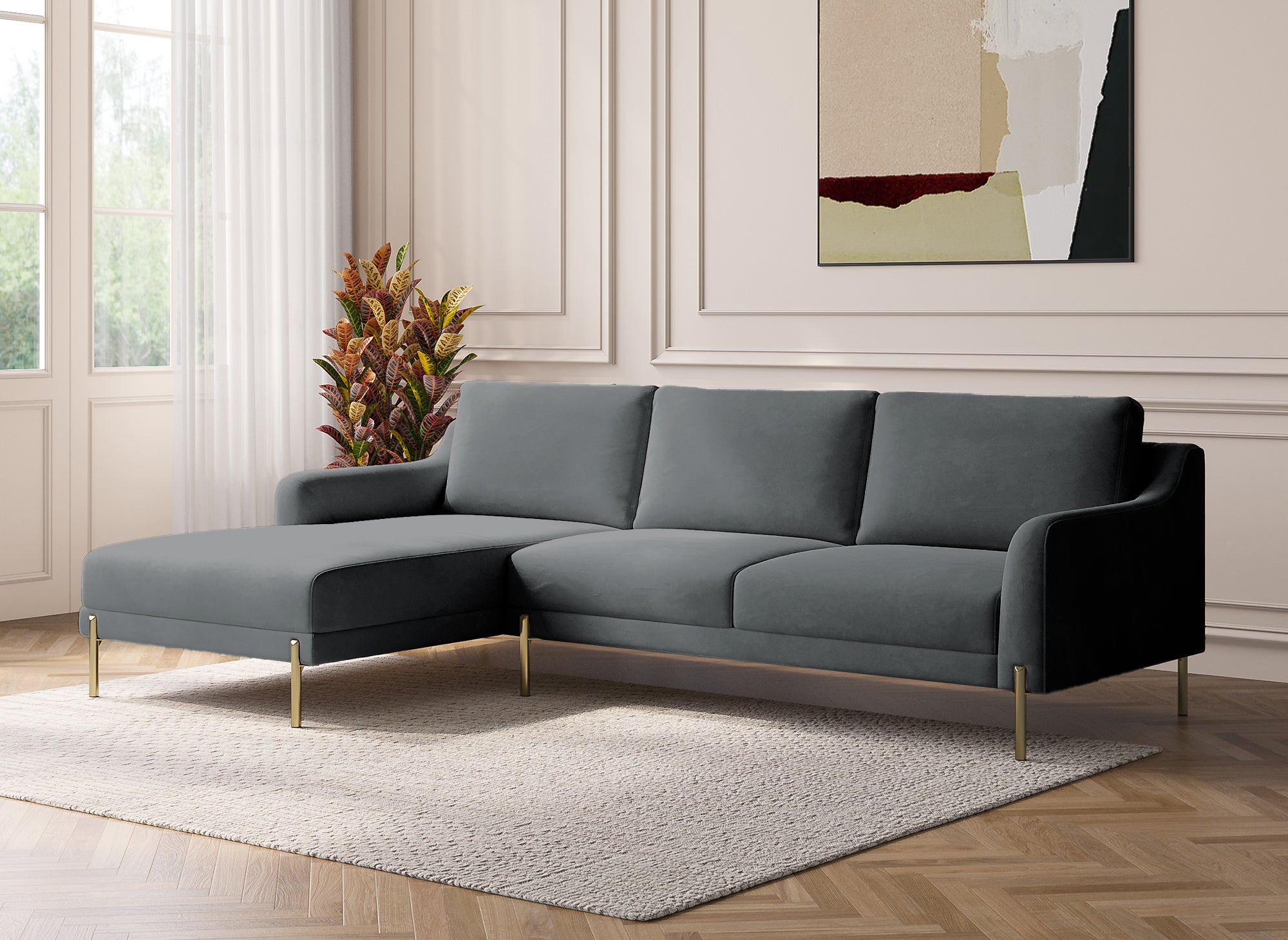 CELINE Ecksofa aus grauem Samt mit Chaiselongue – Linke Ecke
