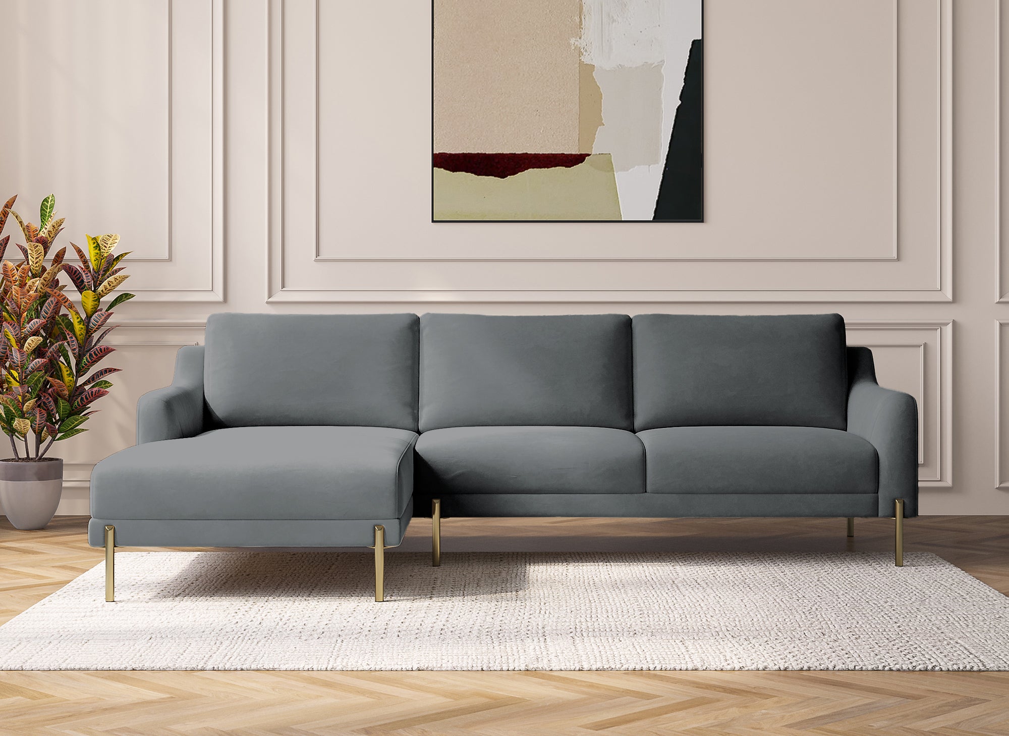 CELINE Ecksofa aus grauem Samt mit Chaiselongue – Linke Ecke