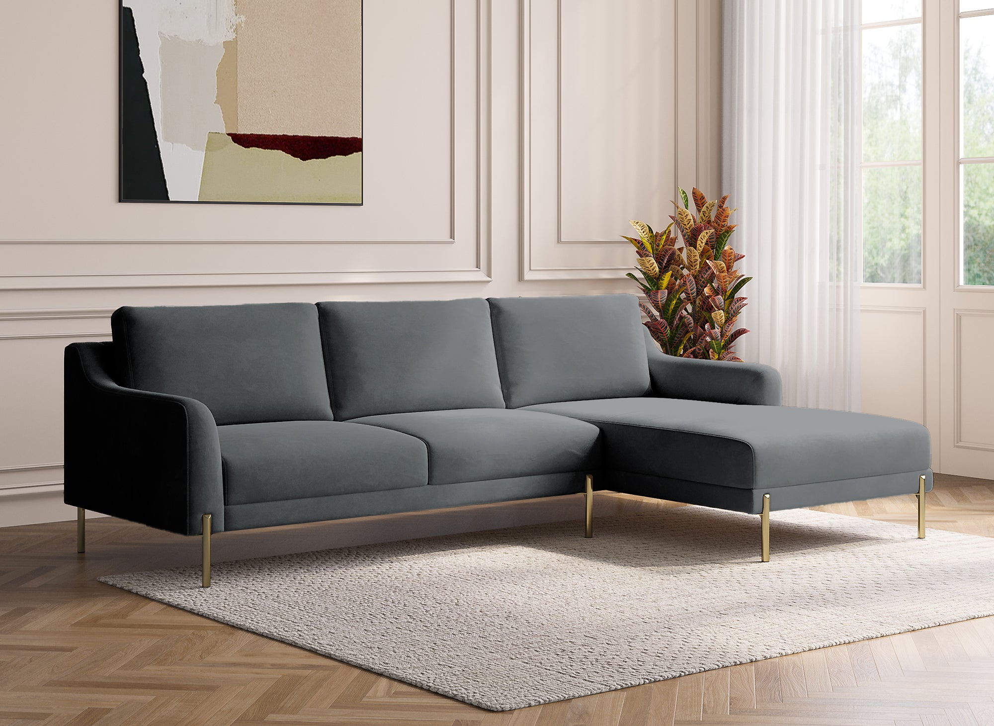 CELINE Ecksofa aus grauem Samt mit Chaiselongue - Right Angle