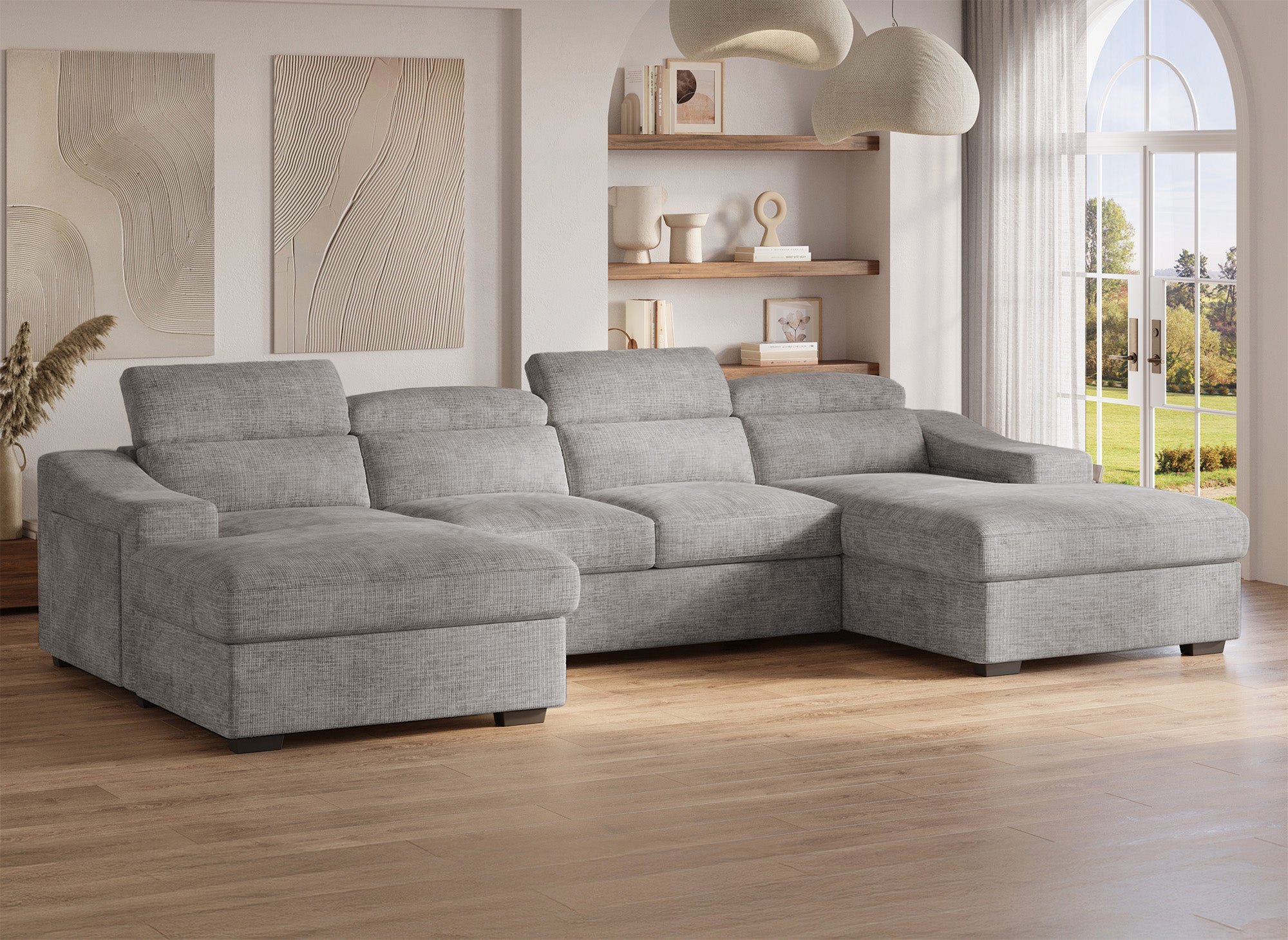VELORA Panorama-Sofa mit 2 Truhen aus grau meliertem Samt