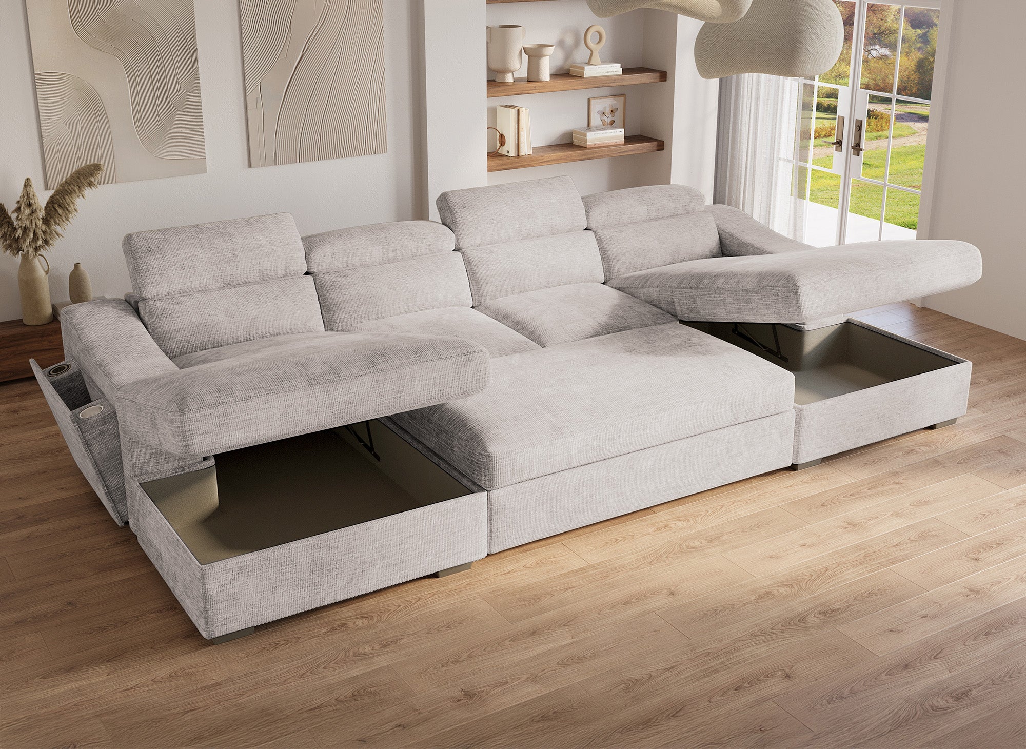 VELORA Panorama-Sofa mit 2 Truhen aus beige meliertem Samt