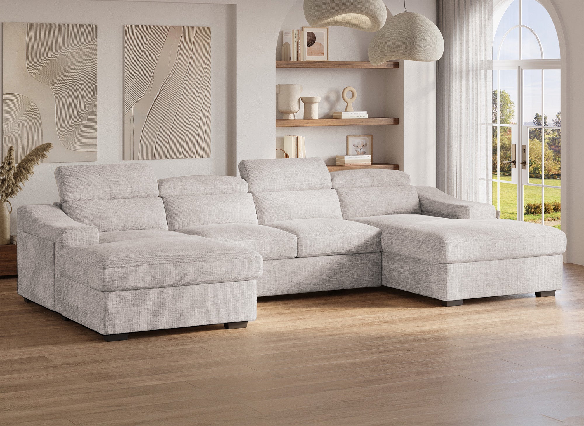 VELORA Panorama-Sofa mit 2 Truhen aus beige meliertem Samt