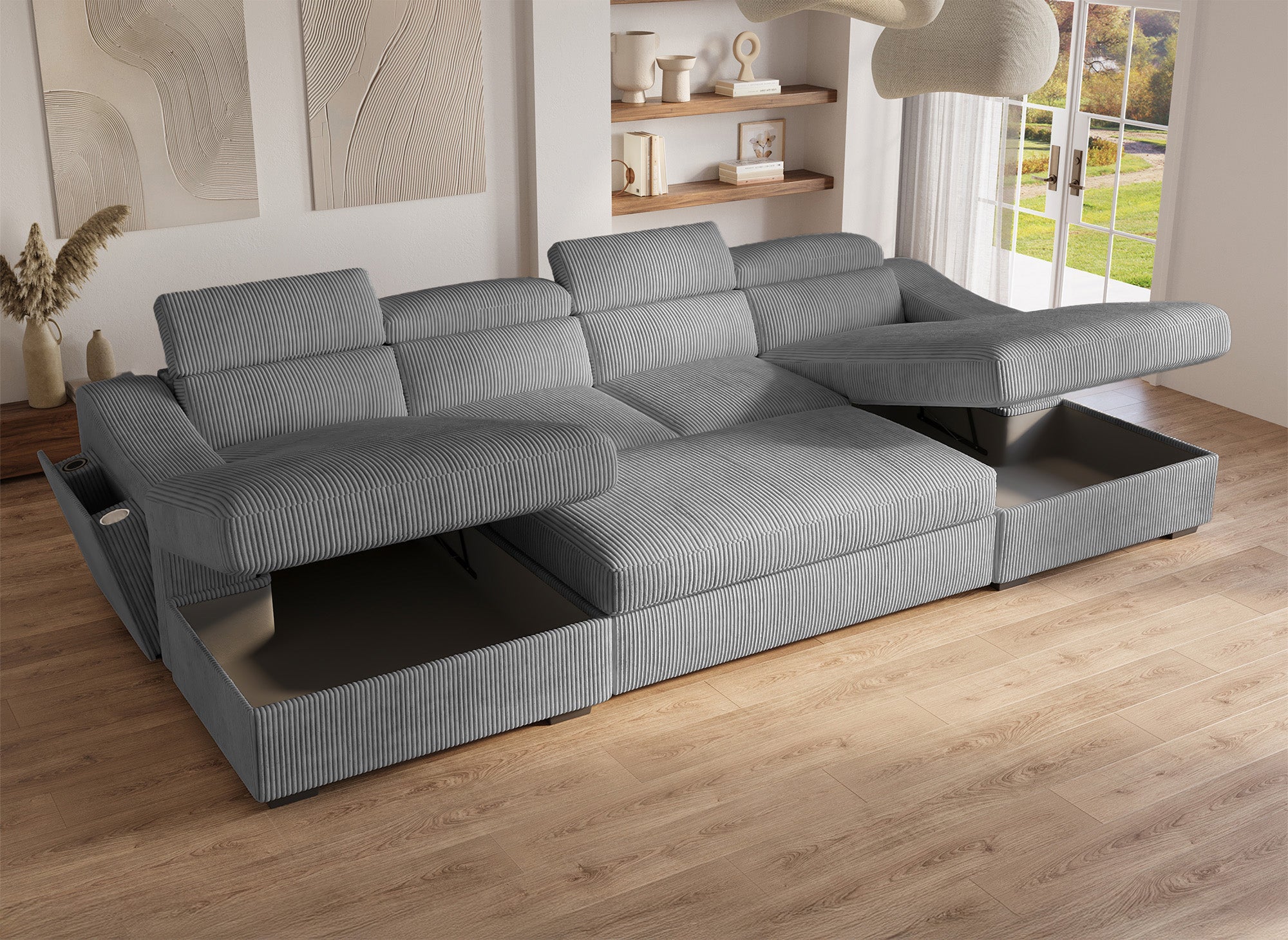 VELORA Panorama-Sofa mit 2 Staufächern aus dickem grauem Cord