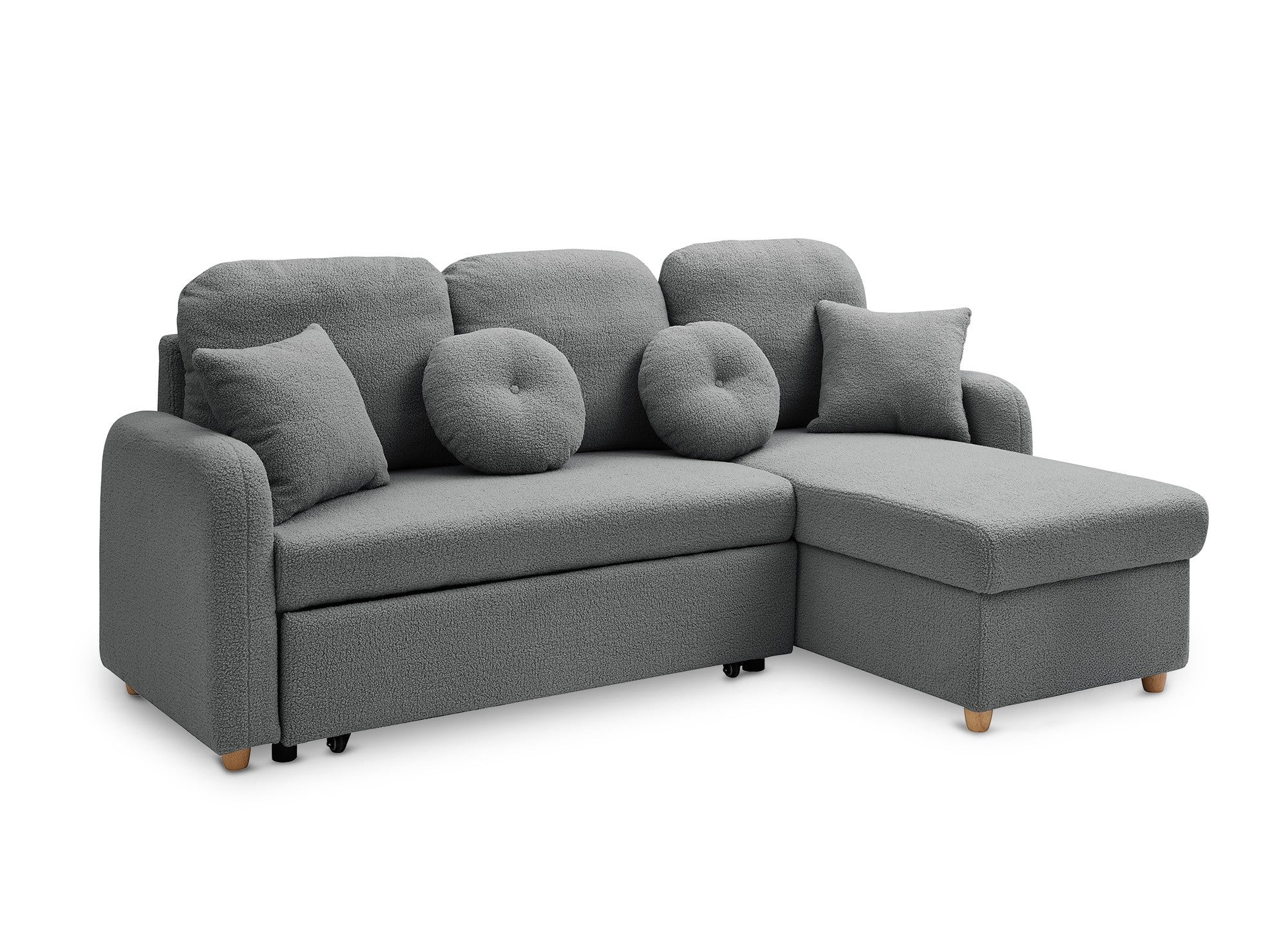 GREGORY umwandelbares und wendbares Ecksofa mit Stauraum aus dunkelgrauem Bouclé-Stoff