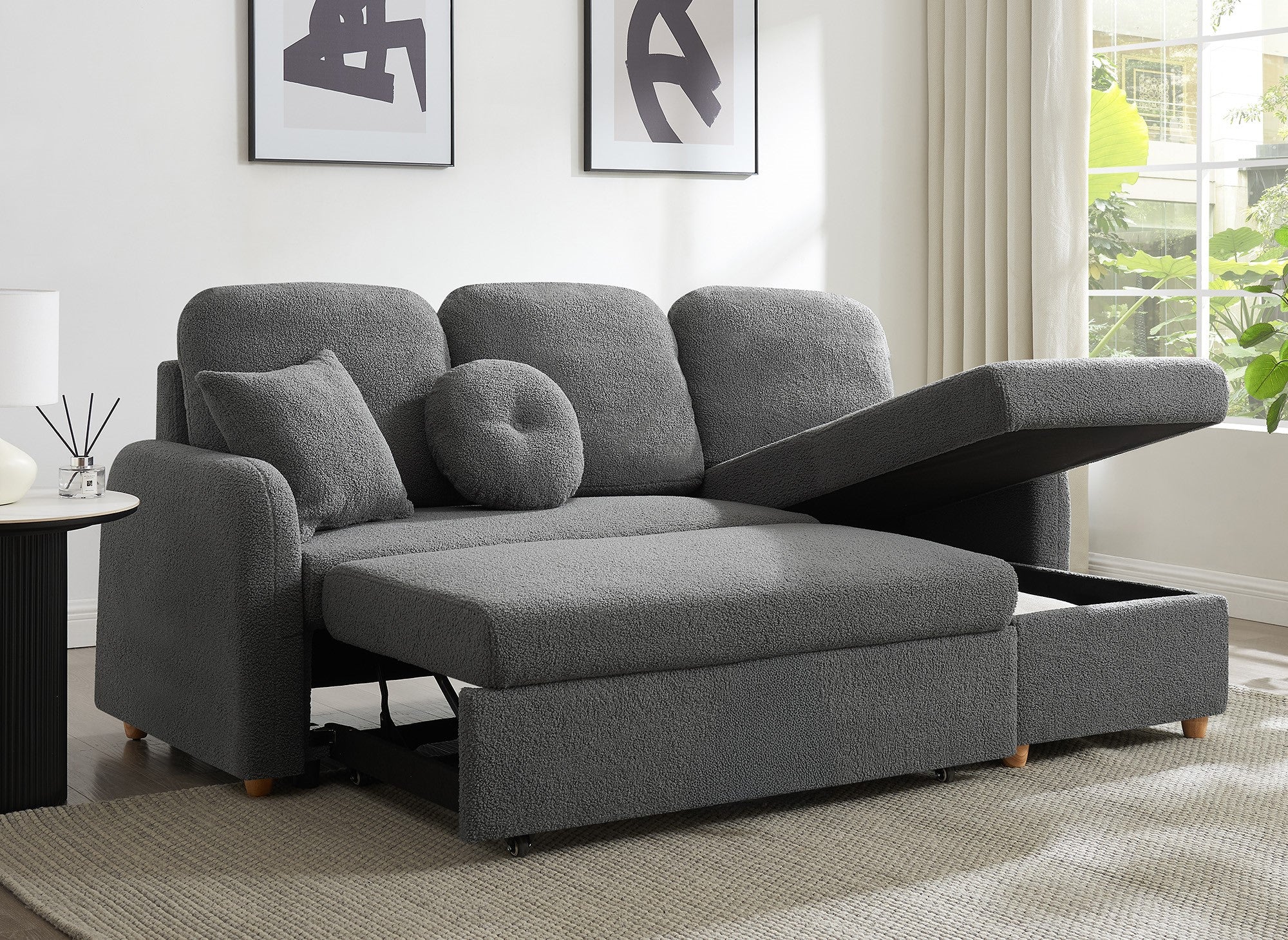 GREGORY umwandelbares und wendbares Ecksofa mit Stauraum aus dunkelgrauem Bouclé-Stoff
