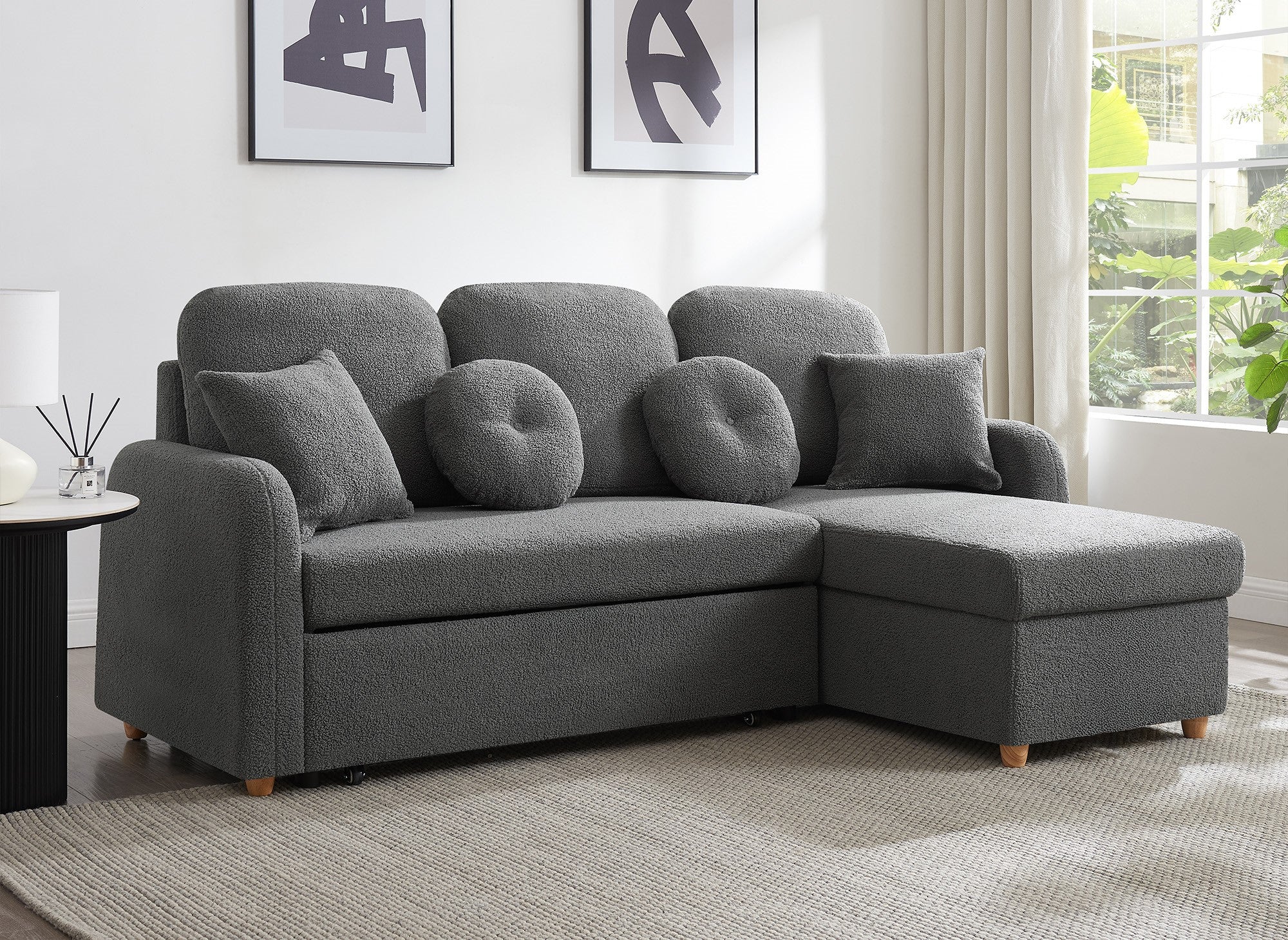GREGORY umwandelbares und wendbares Ecksofa mit Stauraum aus dunkelgrauem Bouclé-Stoff
