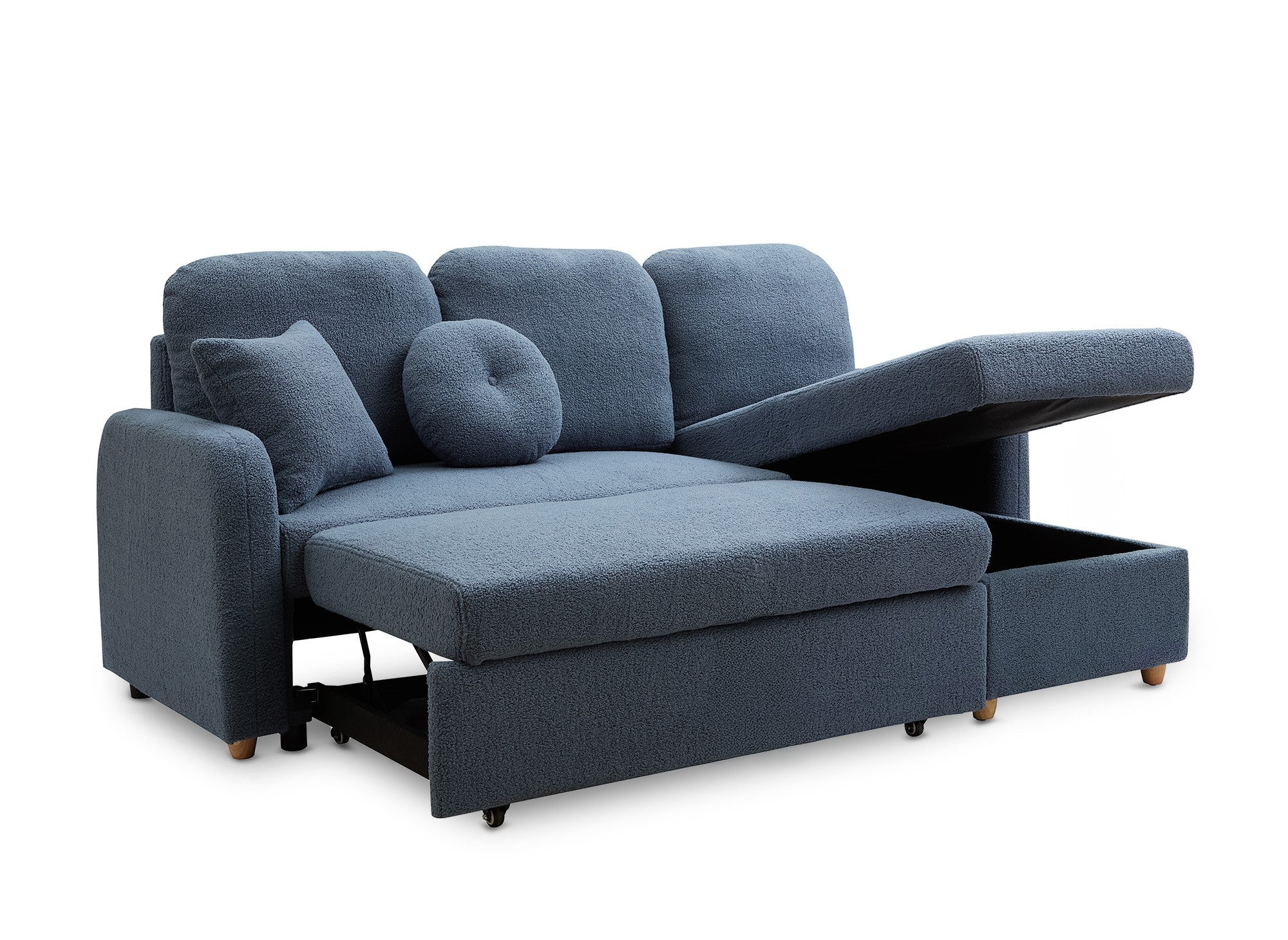 GREGORY umwandelbares und wendbares Ecksofa mit Stauraum aus blauem Bouclé-Stoff