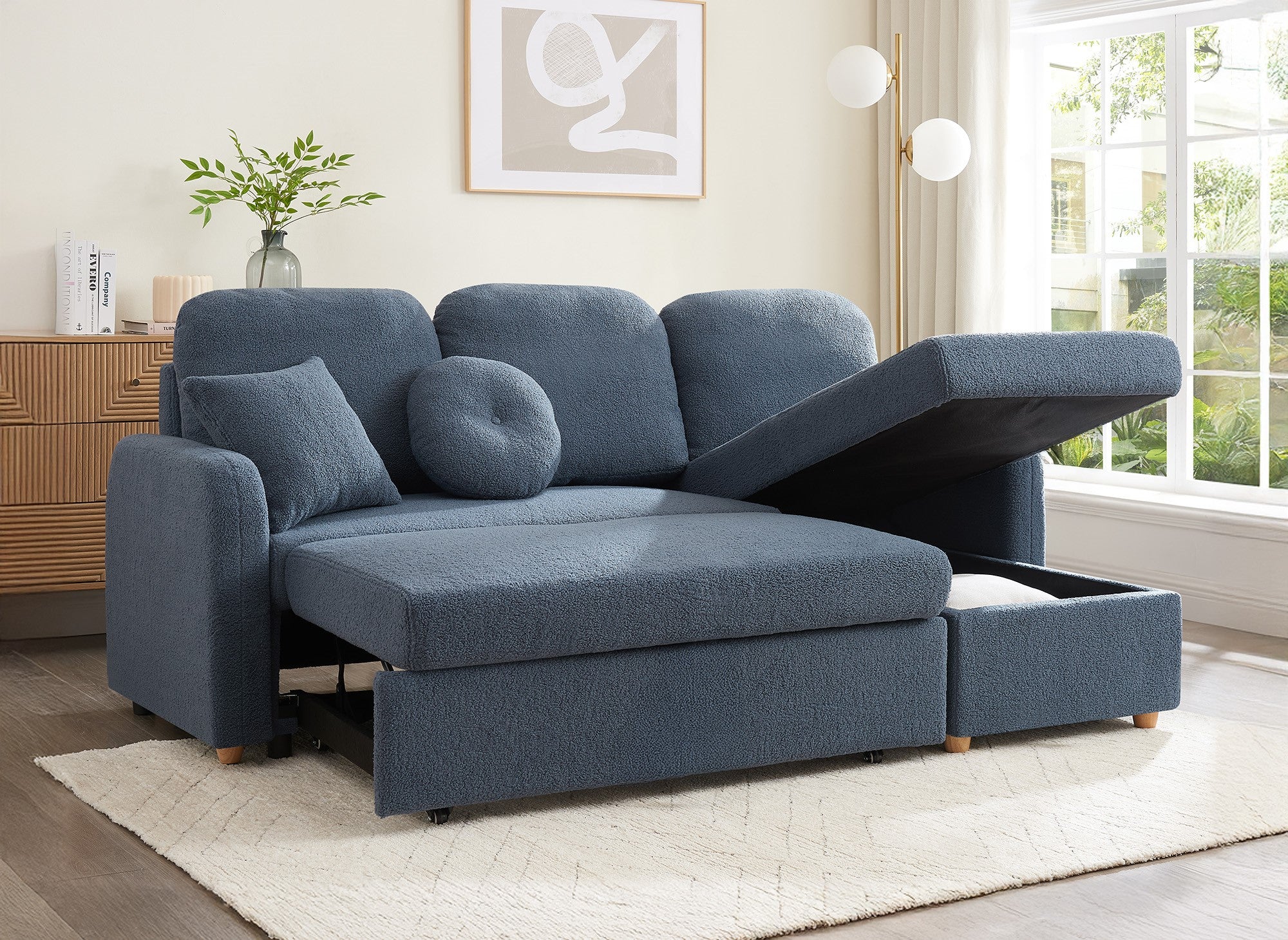 GREGORY umwandelbares und wendbares Ecksofa mit Stauraum aus blauem Bouclé-Stoff